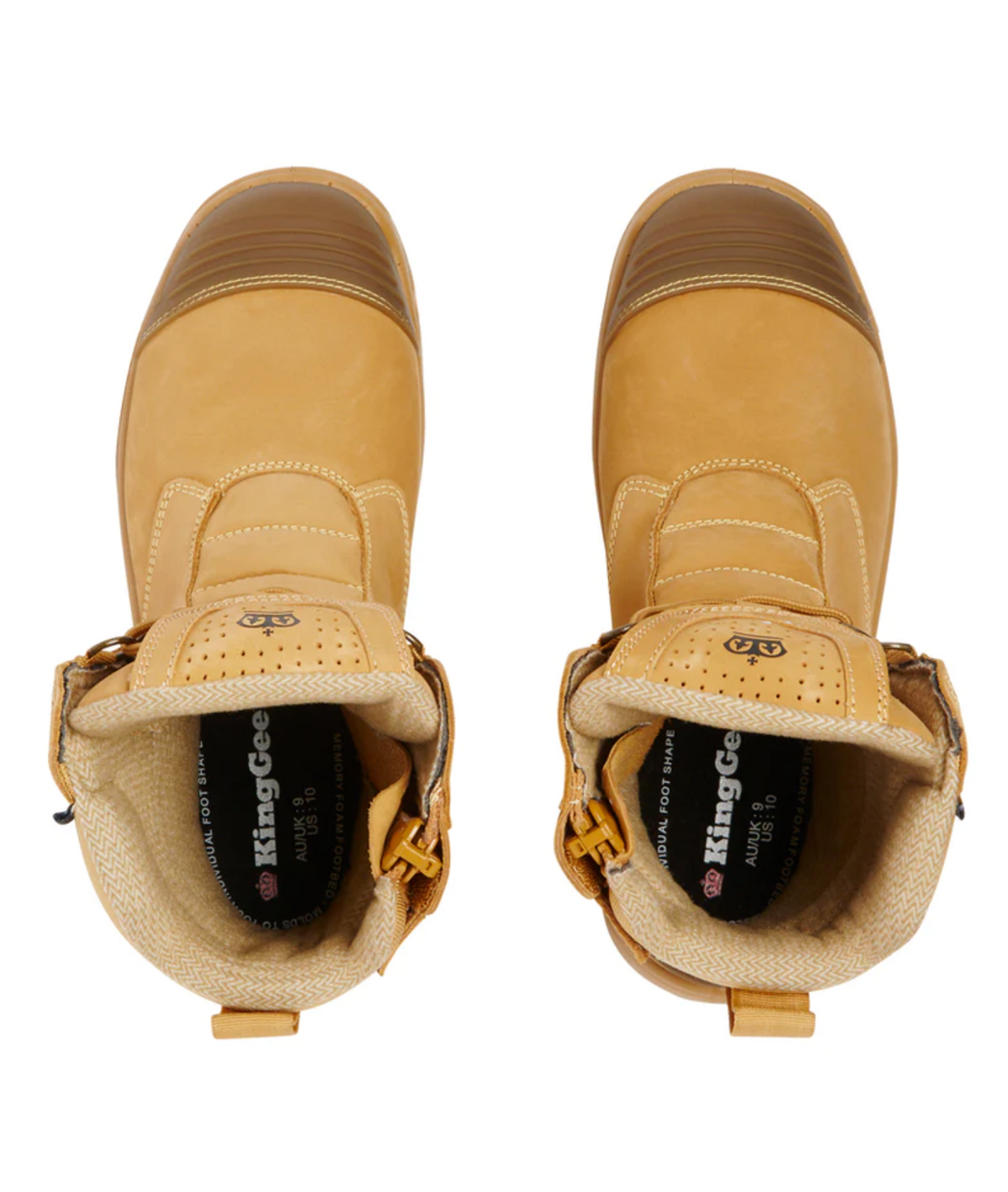 Top view of tan King Gee Bennu Rigger boots showcasing steel toes, padded collars, lace hooks, and a robust rubber outsole. Full-grain leather insoles with a logo offer comfort. These high leg zip side safety boots are designed for rugged work environments.