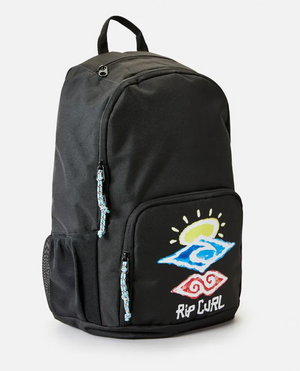 The Rip Curl Evo 24L Icons of Shred Backpack is a black backpack with colorful embroidered designs on the front pocket, including a sun, wave, and the Rip Curl logo in blue, yellow, and red. It features two zippered compartments, a cooler compartment, an internal laptop section, blue rope zipper pulls, a side mesh pocket, and a top carrying handle.