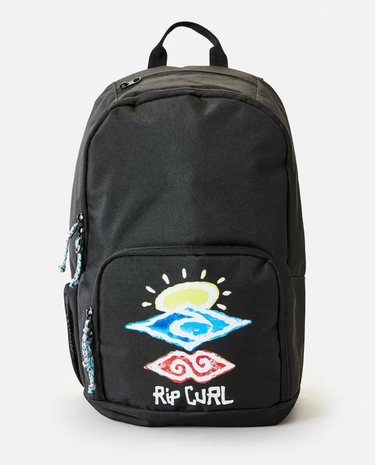 The Rip Curl Evo 24L Icons of Shred Backpack in black features a main compartment, an internal laptop section, a front pocket with zippers, and a vibrant logo displaying a sun, wave, and stylized eye on the front. The bright hand-drawn logo adds a sense of playfulness and color to the design. Blue patterned pull tabs on the zippers make them easy to use.