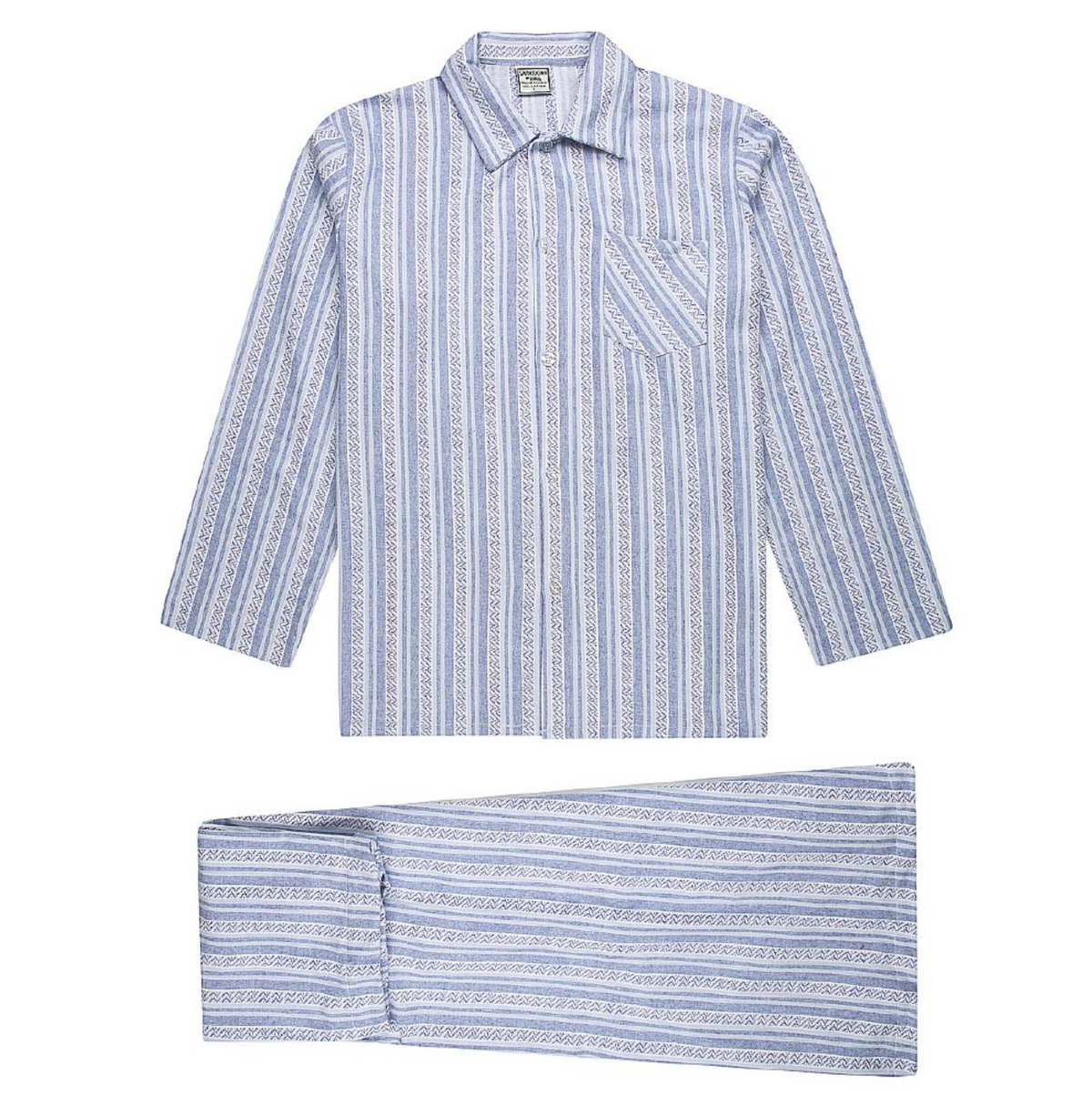 The Koala Swansdown Flannelette Winter PJ is a cozy set in blue and white stripes, made from brushed cotton. The top has a collar, long sleeves, and a chest pocket. The pants feature an elastic waist and match the top's pattern perfectly.