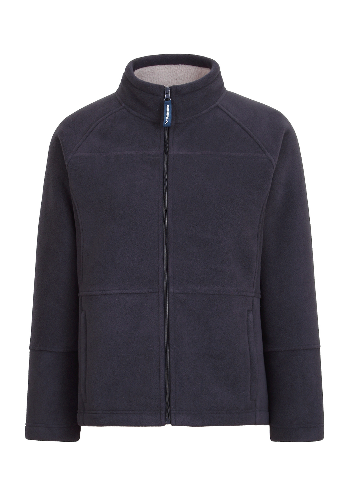 The Rainbird Women's Cuthbert Jacket, in navy blue, features UPF 50+ protection, a full front zipper, high collar, and two side pockets. It's fleece-lined and displayed on a white background.