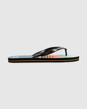 The Billabong Stripe Thong features a multicolored design with a black strap showcasing the brand name "Billabong" in white. The rubber EVA sole displays horizontal stripes in a gradient of blue, orange, and green. From the side view, you can see a black base with an orange mid-layer, set against a plain white background.