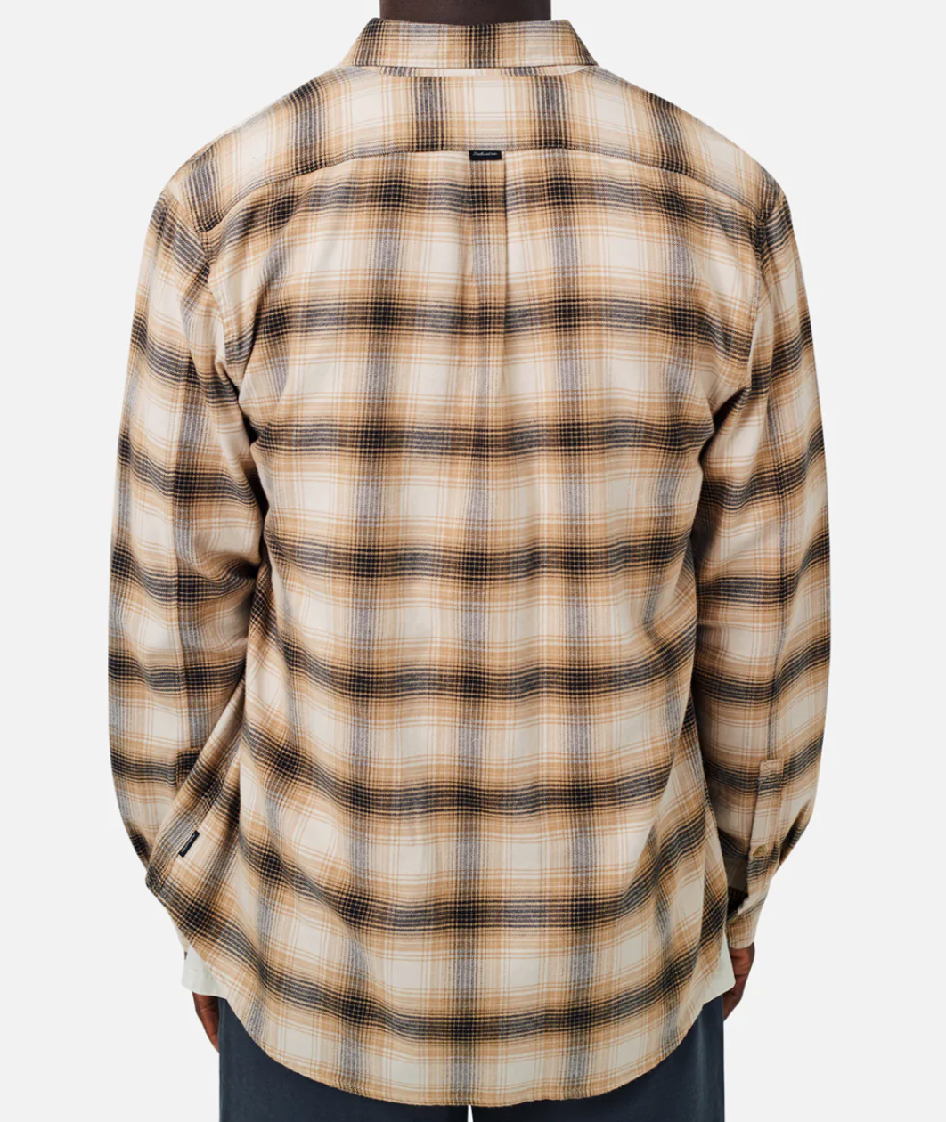 Rear view of a person wearing Industrie The Bates Shirt, a comfortable long-sleeved plaid design featuring beige, black, and brown shades. Made from 100% cotton in a relaxed fit, it pairs perfectly with dark pants against a plain white background.