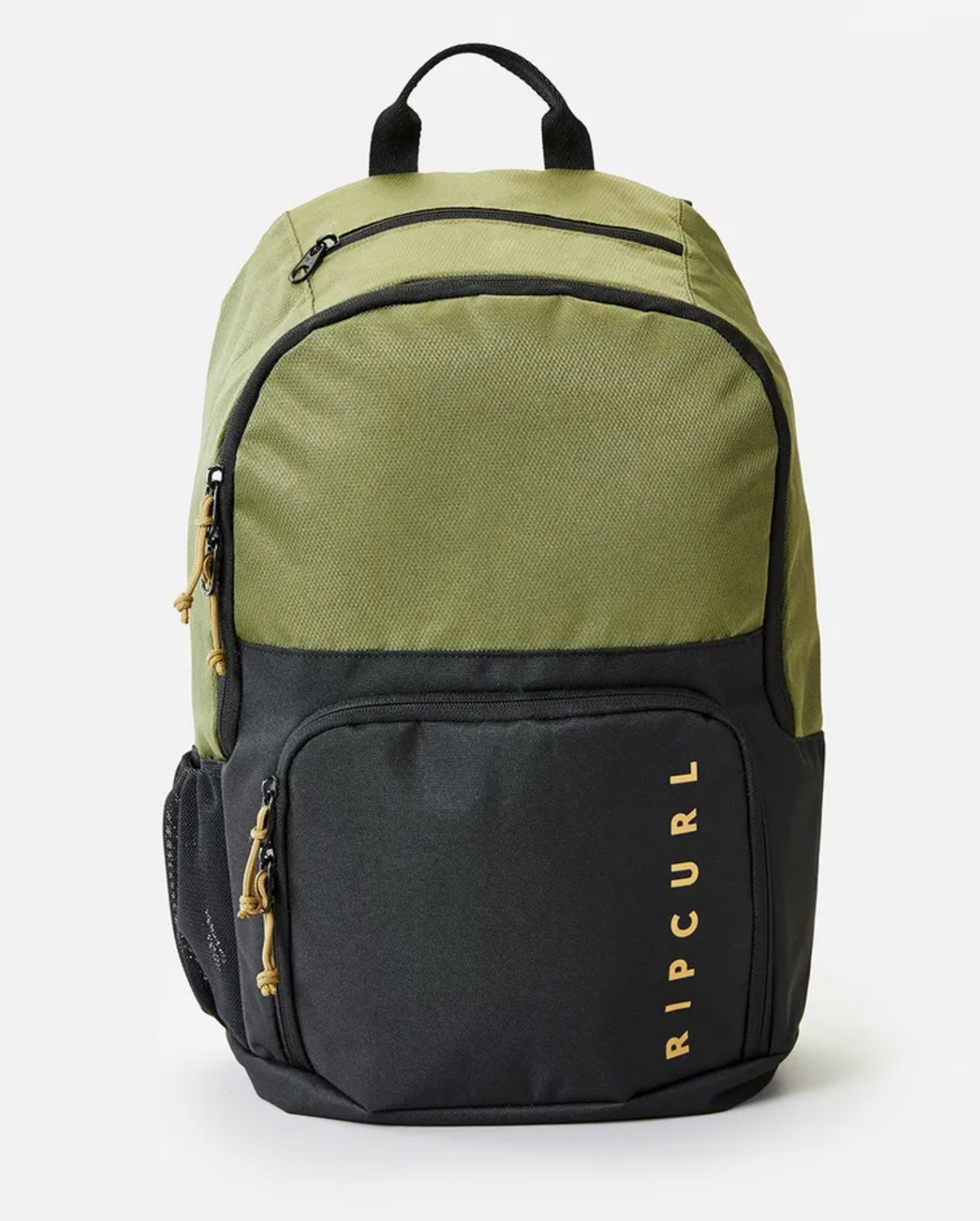 The Rip Curl Evo 24L Overland Backpack has an olive green and black two-tone design. Made of recycled polyester, it offers multiple zippered compartments, a side mesh pocket, a laptop section, and a black handle. The front pocket features "Ripcurl" in yellow print.