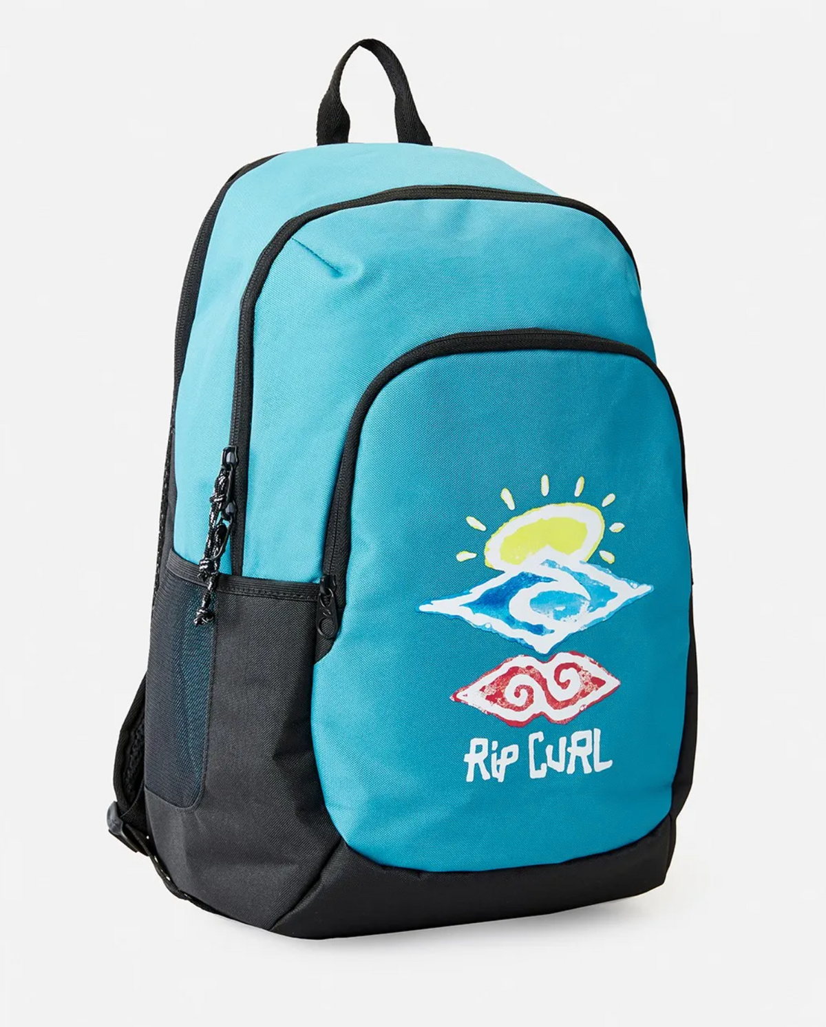 The Rip Curl Ozone 30L School Backpack is a blue and black backpack with a vibrant sun, wave, and swirl design on the front pocket. Made from recycled polyester, it features multiple compartments, a laptop section, and a side mesh pocket.