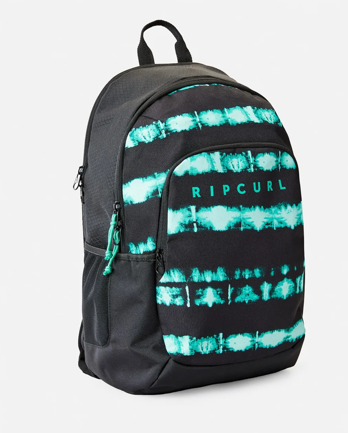 The Rip Curl Ozone 30L Radar Backpack is a stylish and trendy black backpack adorned with teal tie-dye horizontal stripes and proudly displaying the "RIP CURL" logo on the front. It features a front zipper pocket, two side pockets, a black handle on top, and an insulated cooler compartment—perfect for any occasion.