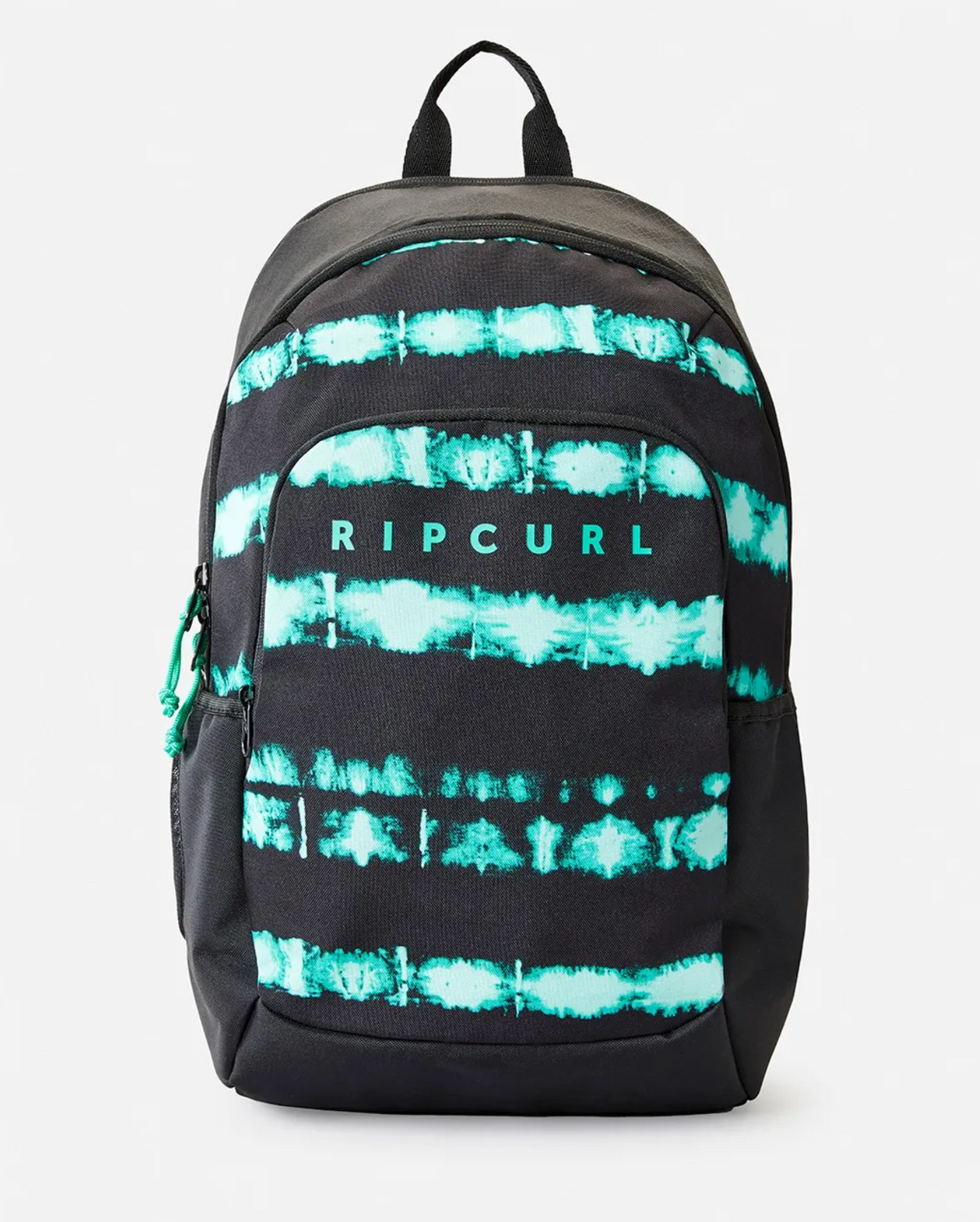 Introducing the Rip Curl Ozone 30L Radar Backpack in black with turquoise tie-dye stripes and "RIPCURL" on the front pocket. Ideal for school or travel, it offers a top handle, side pockets, and a dedicated laptop section on a sleek white backdrop.