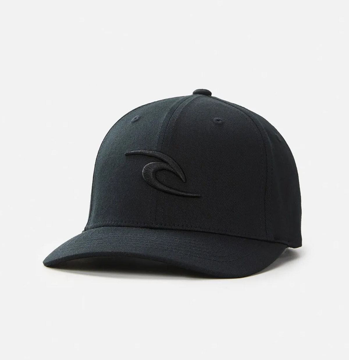 The Rip Curl Tepan Cap is a dark baseball cap with a curved brim and an embroidered circular wave logo on the front. Its structured design is made from a cotton blend, set against a plain white background.
