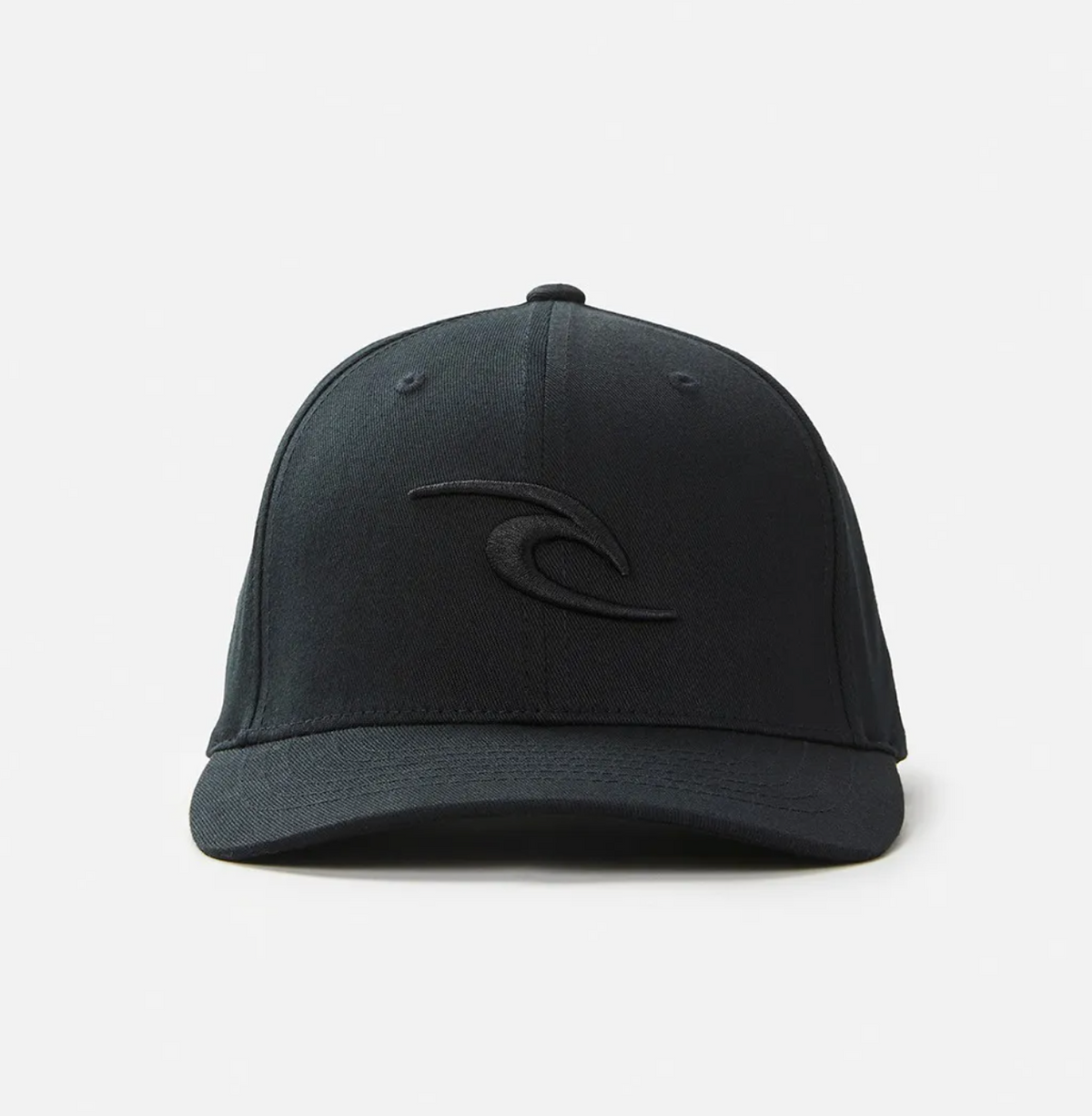 The Rip Curl Tepan Cap is a black baseball cap featuring a curved peak and an embossed wave-like logo on the front, shown against a plain white background.