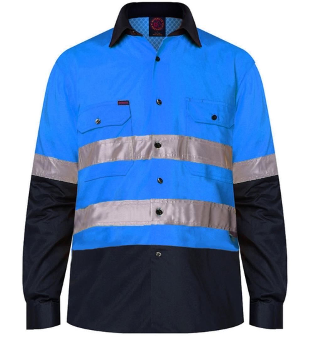 Introducing the Ritemate Hi Vis Vented Open Front Light Weight Long Sleeve 3M Tape Shirt – a high-visibility safety work shirt designed for maximum protection and comfort. Featuring a blue torso and black lower sleeves, this premium quality cotton shirt is equipped with reflective silver stripes on the chest and arms. It includes chest pockets with buttons, a collared neckline, and offers enhanced durability with its double pre-shrunk fabric construction.