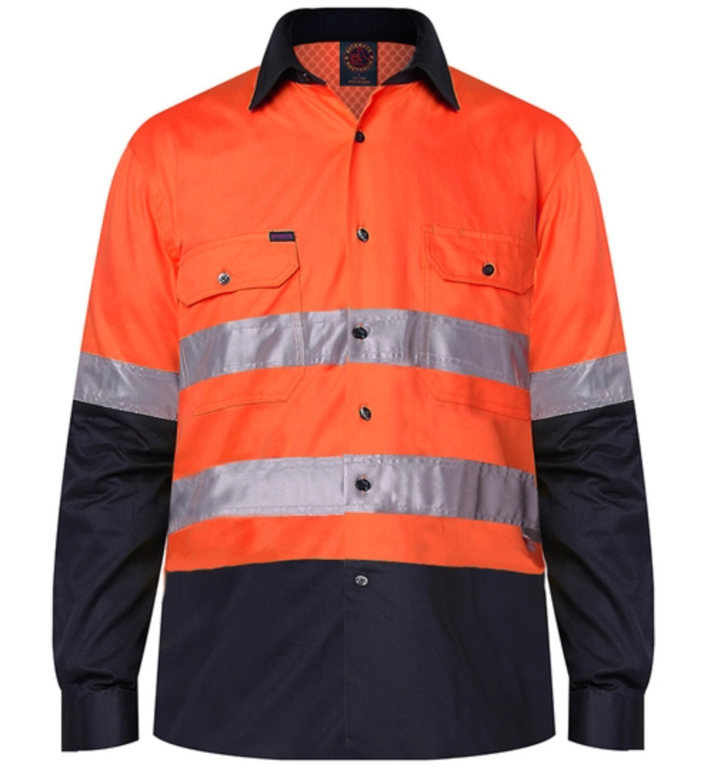 The Ritemate Hi Vis Vented Open Front Light Weight Long Sleeve 3M Tape Shirt is a premium quality cotton work shirt featuring a high-visibility design. It has a bright orange upper section and a navy blue lower section, complemented by reflective horizontal bands around the chest and arms. The shirt also includes buttoned chest pockets and a black collar, offering both style and durability.