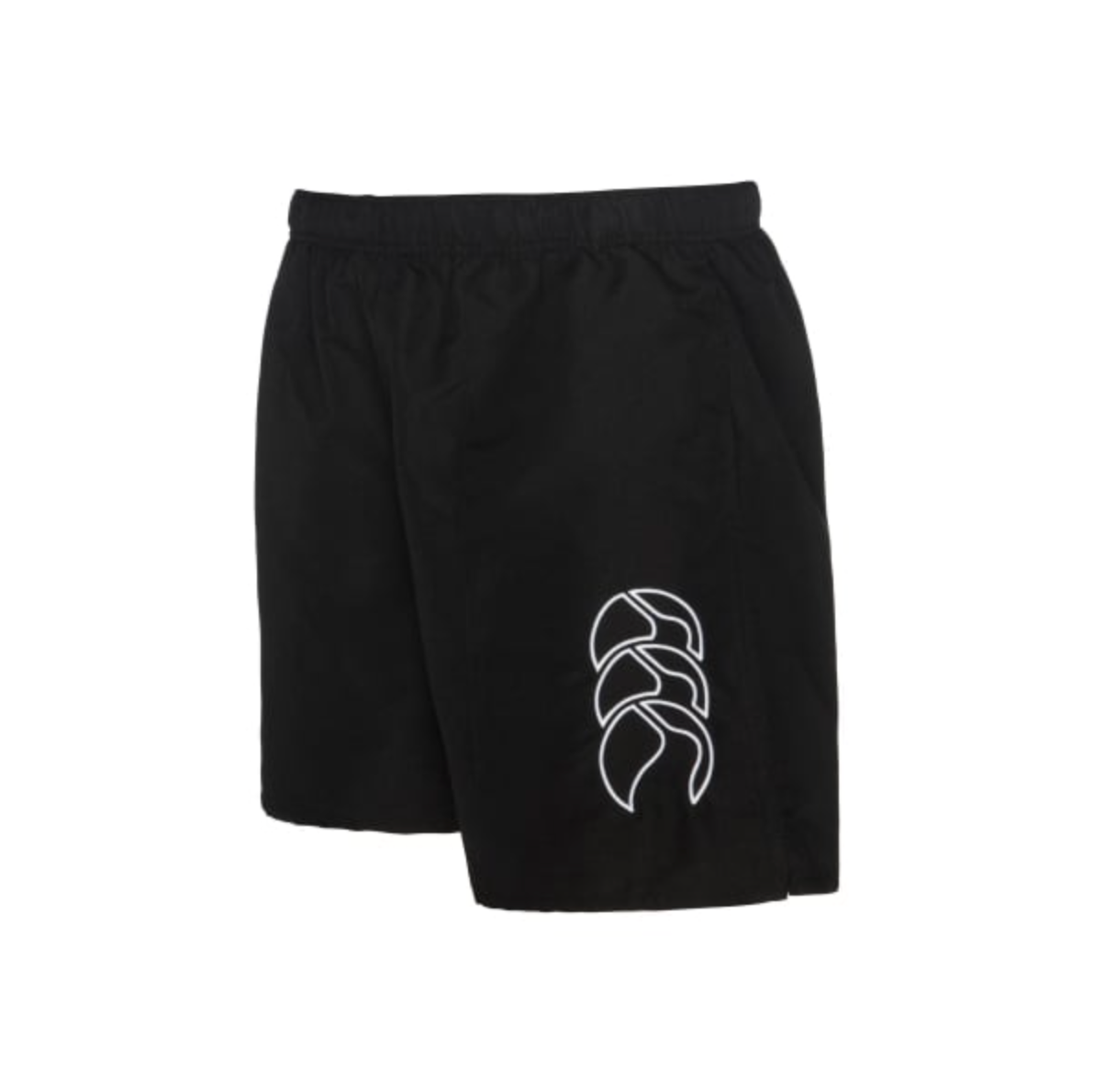 The Canterbury Tactic Short is a pair of black athletic shorts made from polyester, featuring an elastic waistband and a stylish abstract white logo on one leg.