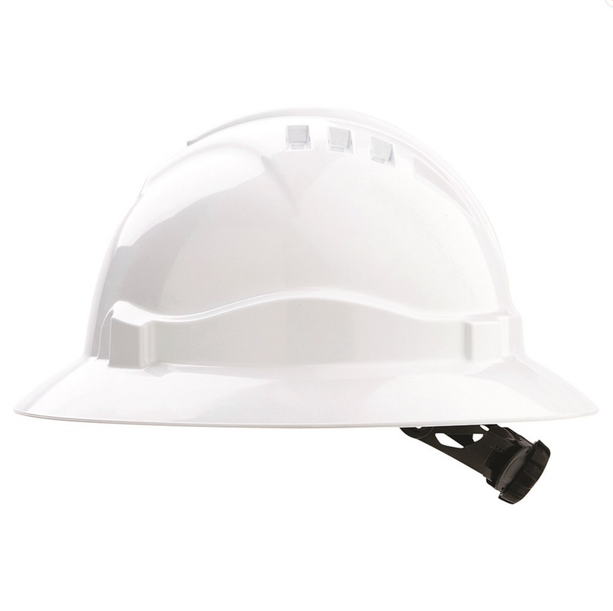 The Pro Safety Full Brim Unvented Hard Hat, a white helmet with a chin strap often used in construction or industrial environments, is depicted against a plain backdrop.