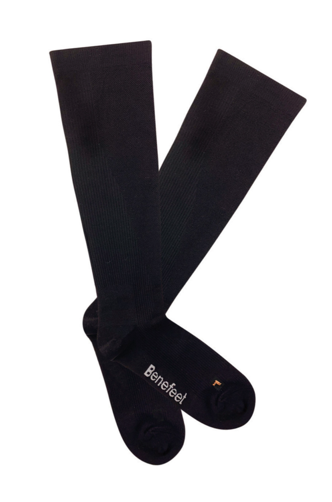 A pair of black Benefeet Therapeutic Compression Knee High Socks, featuring "BeneFeet" in white on the soles, is displayed crosswise on a pristine white background. They are anatomically shaped for targeted compression.