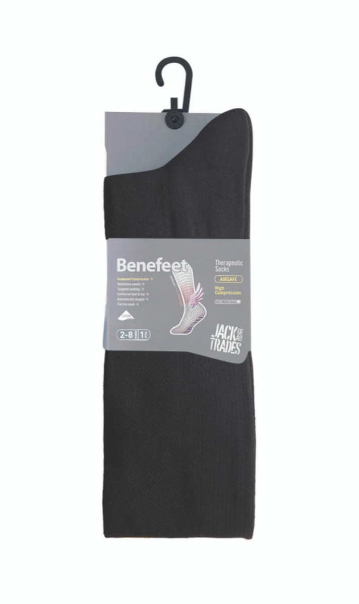 Benefeet Therapeutic Compression Knee High Socks, black with hanging hook, feature packaging with a foot illustration and text highlighting benefits such as comfort and mobility support. These anatomically shaped socks offer targeted compression and fit sizes 2-8.5 (or 11.5).
