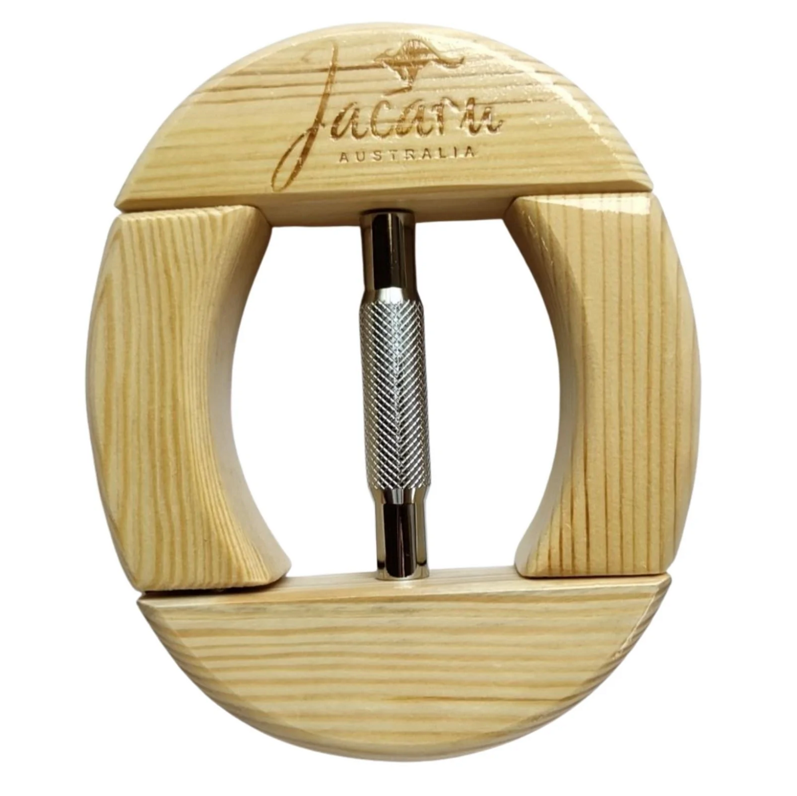 The Jacaru Hat Stretcher 4 Way is a wooden accessory made from treated pine wood, featuring a round shape with a carved logo on top. Its silver, textured handle at the center enhances function and style, while the visible wood grain highlights its natural look.