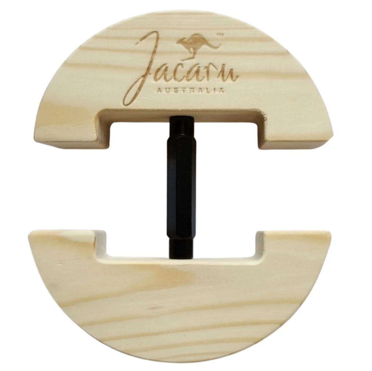 The Jacaru Hat Stretcher 2 Way is a wooden cowboy hat stretcher by Jacaru Australia, featuring two half-circle treated pine wood pieces connected by a central adjustable black metal mechanism. The brand's logo is engraved on the top piece, ensuring a perfect fit for your favorite headwear.