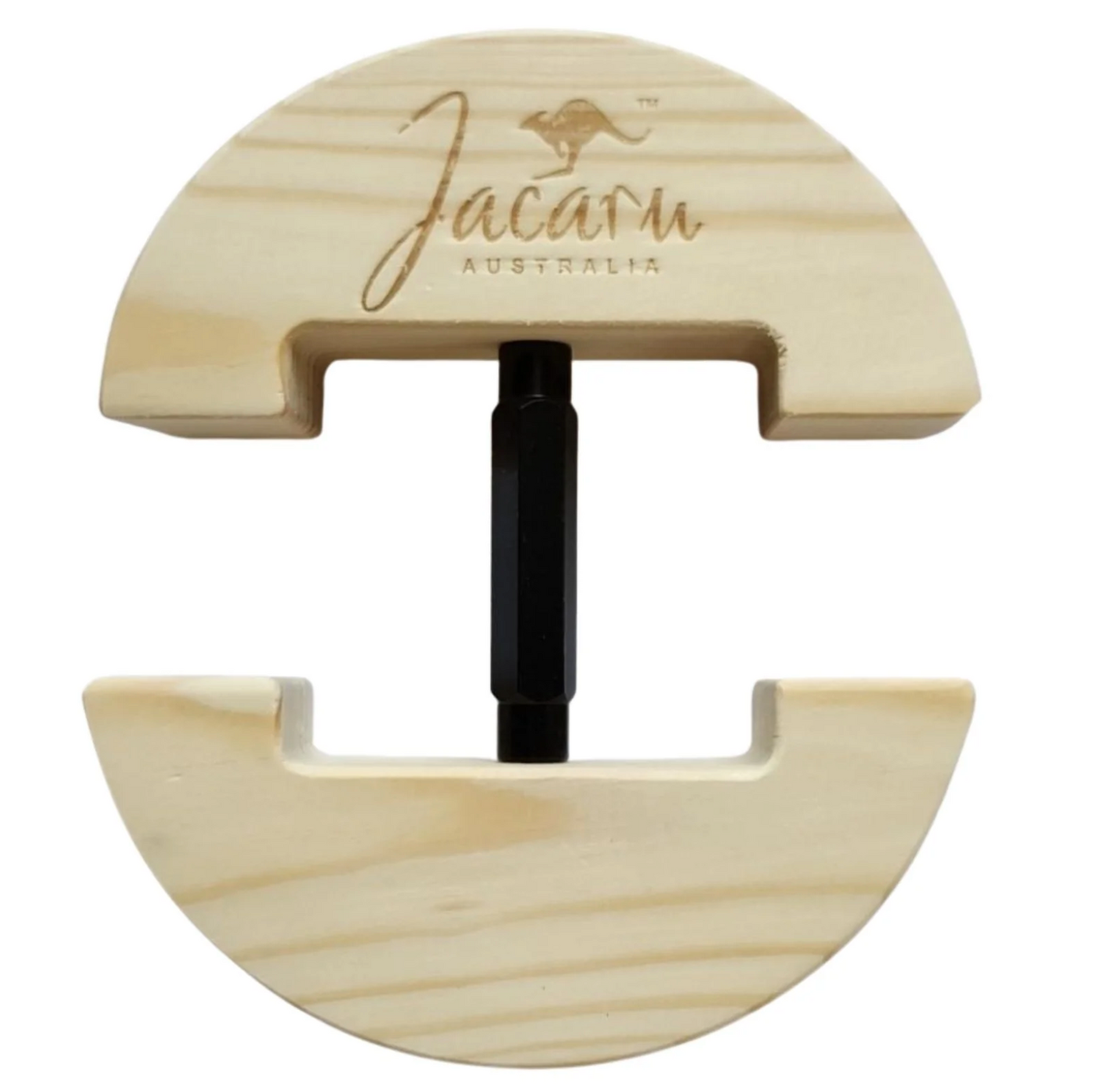 The Jacaru Hat Stretcher 2 Way is a wooden cowboy hat stretcher by Jacaru Australia, featuring two half-circle treated pine wood pieces connected by a central adjustable black metal mechanism. The brand's logo is engraved on the top piece, ensuring a perfect fit for your favorite headwear.