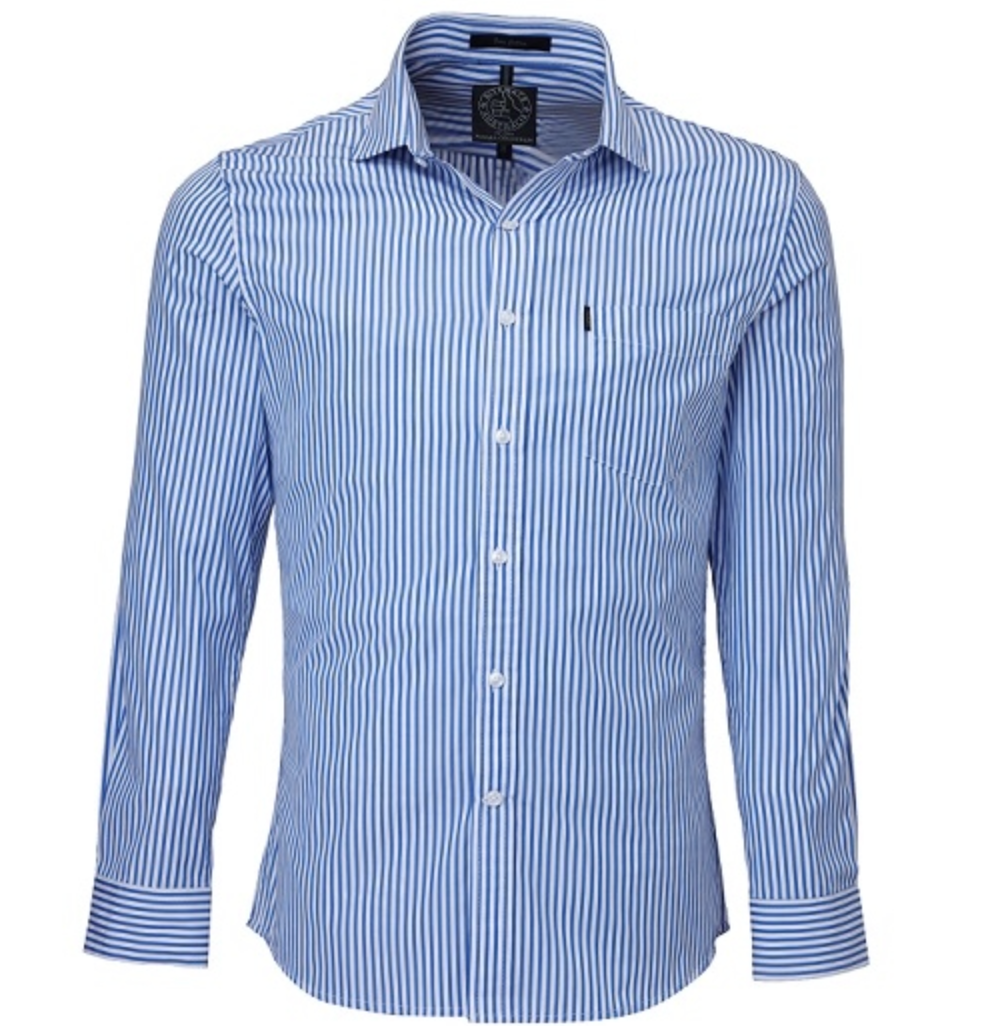 The Pilbara Stripe Single Pocket Shirt is a blue and white striped long-sleeve button-down shirt featuring a collar and front chest pocket. Made from 100% cotton, this durable work shirt is displayed on a white background without a model, showcasing its front view.