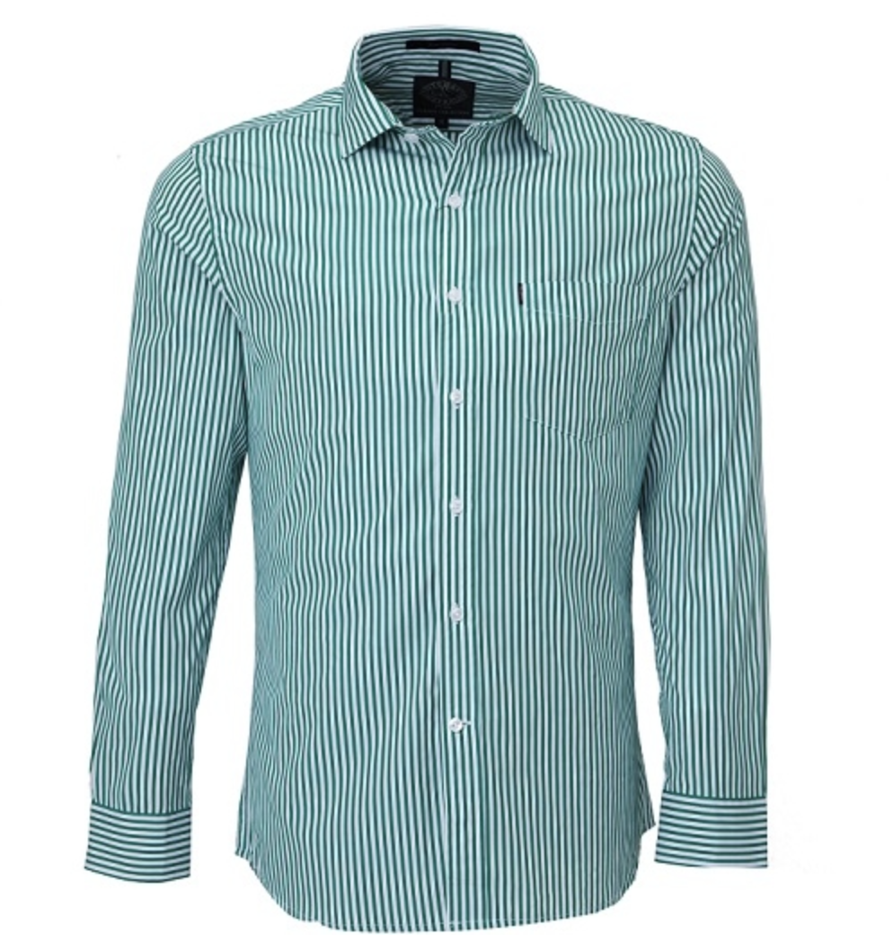 The Pilbara Stripe Single Pocket Shirt is a long-sleeved work shirt with vertical green and white stripes, a cotton finish, collared design, button-down front, and one chest pocket—ideal for tough Australian working conditions.