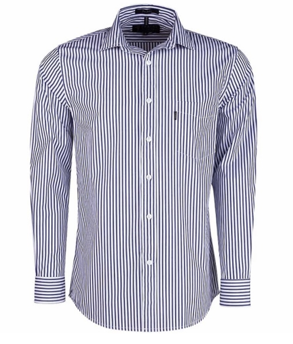 The Ritemate Pilbara Stripe Single Pocket Shirt is a long-sleeved work shirt designed with vertical blue and white stripes. It features a button-down front, a single chest pocket on the left side, and a collar, tailored for Australian conditions with buttoned cuffs and a neatly pressed cotton finish.