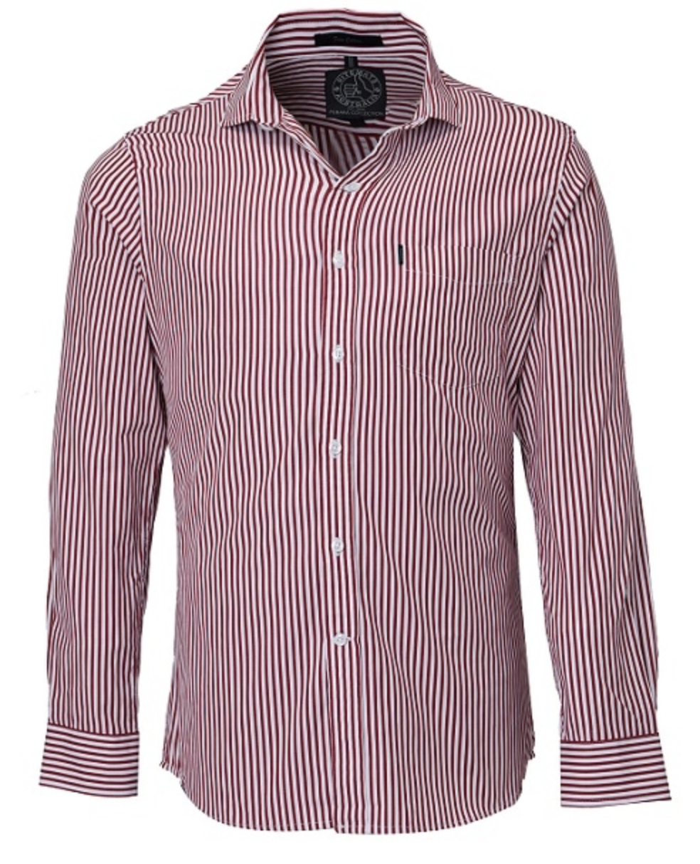 The Pilbara Stripe Single Pocket Shirt is a long-sleeve, button-down shirt with vertical red and white stripes. Featuring a collar, buttoned cuffs, and a small logo stitched near the chest pocket on the left side, this hard-wearing work shirt has a durable cotton finish perfect for tough Australian working conditions.