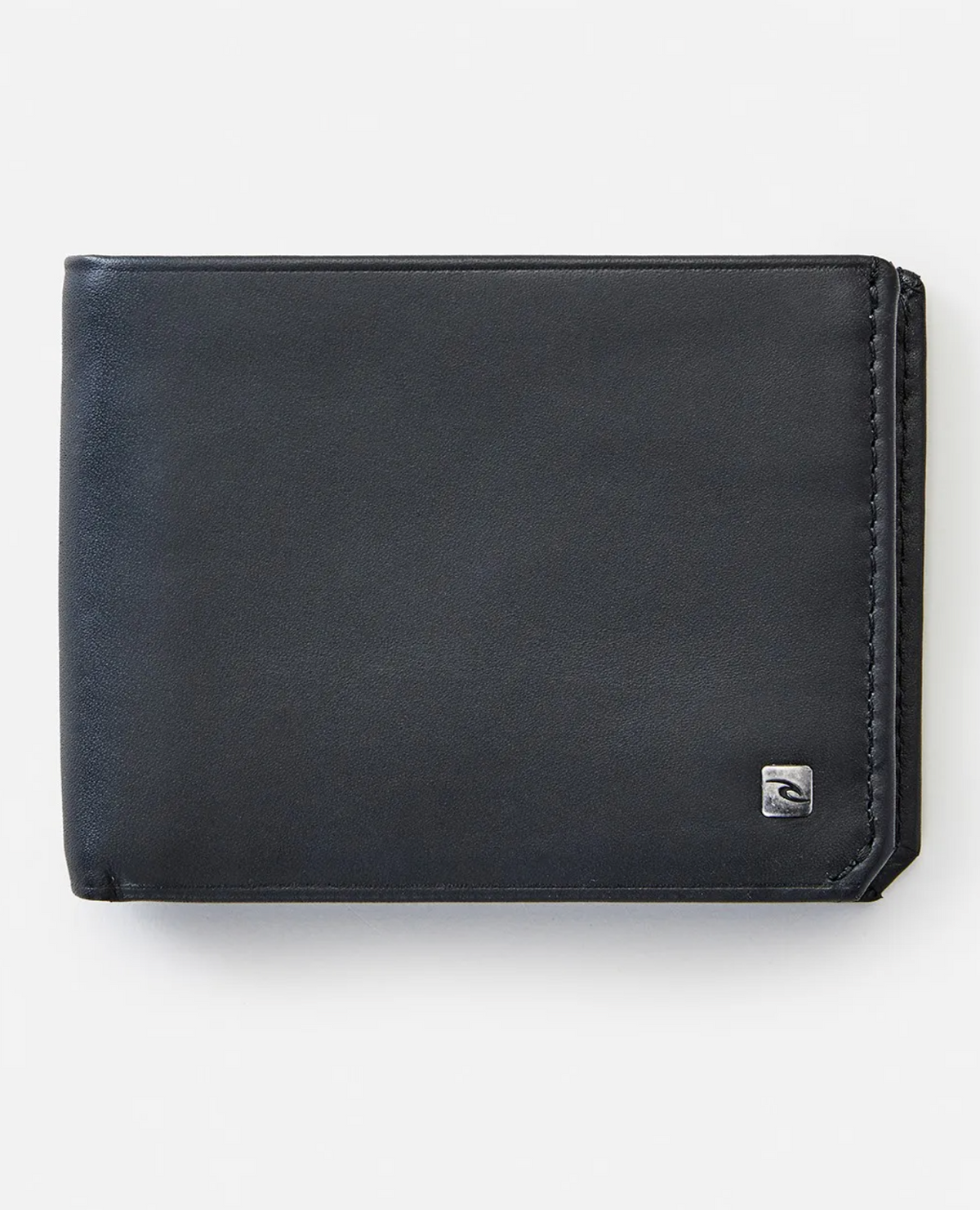 The Rip Curl Hydro RFID All Day Wallet, made from sleek black Hydro leather, features a small silver emblem at the bottom right on a plain white background. It offers RFID protection, a smooth texture, and visible edge stitching.