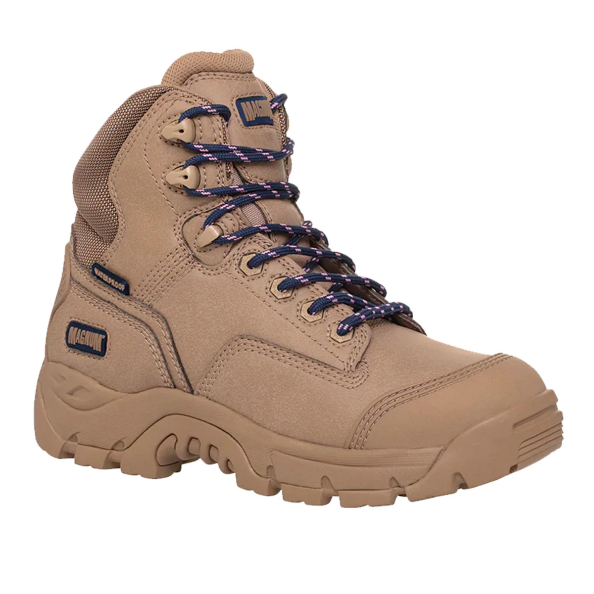 The Magnum Womens Precision Max Zip Sided Waterproof Safety Boot MPW160 is a tan hiking boot with blue and purple laces. It features durable stitching, a rugged sole, textured design, safety toe, and logo patches on the side and tongue, ensuring waterproof breathability for comfort in any terrain.