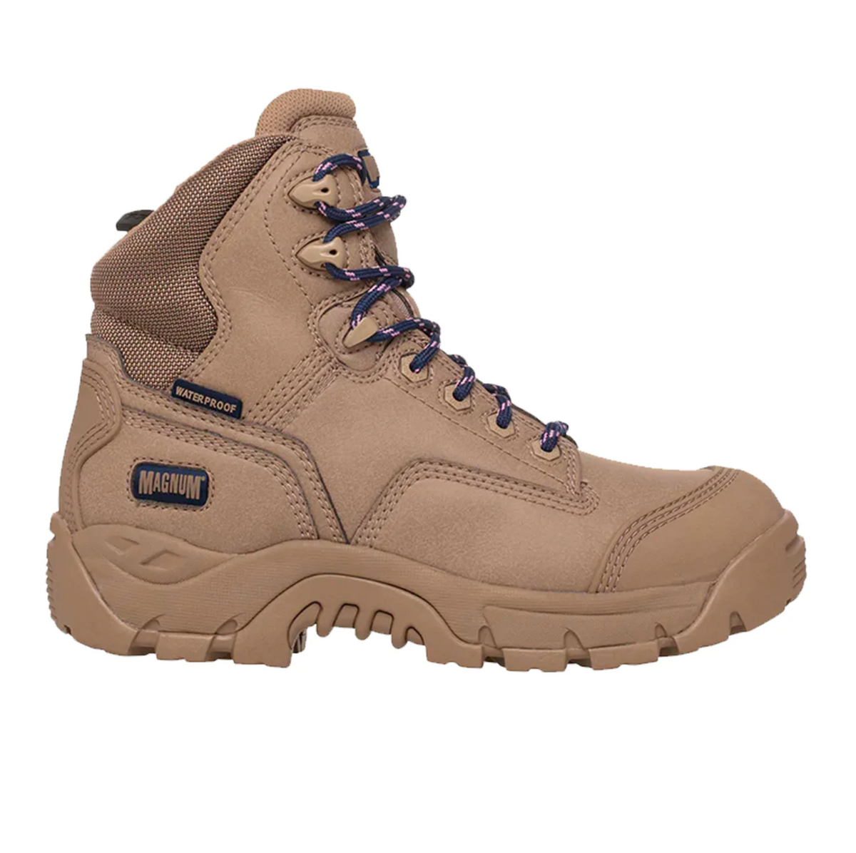 The Magnum Womens Precision Max Zip Sided Waterproof Safety Boot MPW160 is a tan hiking boot with blue laces and a rugged sole. It features breathable waterproof materials, a visible logo, and combines functionality with style, making it ideal for women seeking work boots.