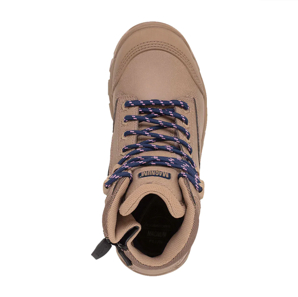 The Magnum Women's Precision Max Zip Sided Waterproof Safety Boot MPW160 is designed for outdoor activities. It features a top view, tan color, dark blue/white striped laces, a padded collar, textured sole, safety toe, and offers waterproof breathability for comfort in various conditions.