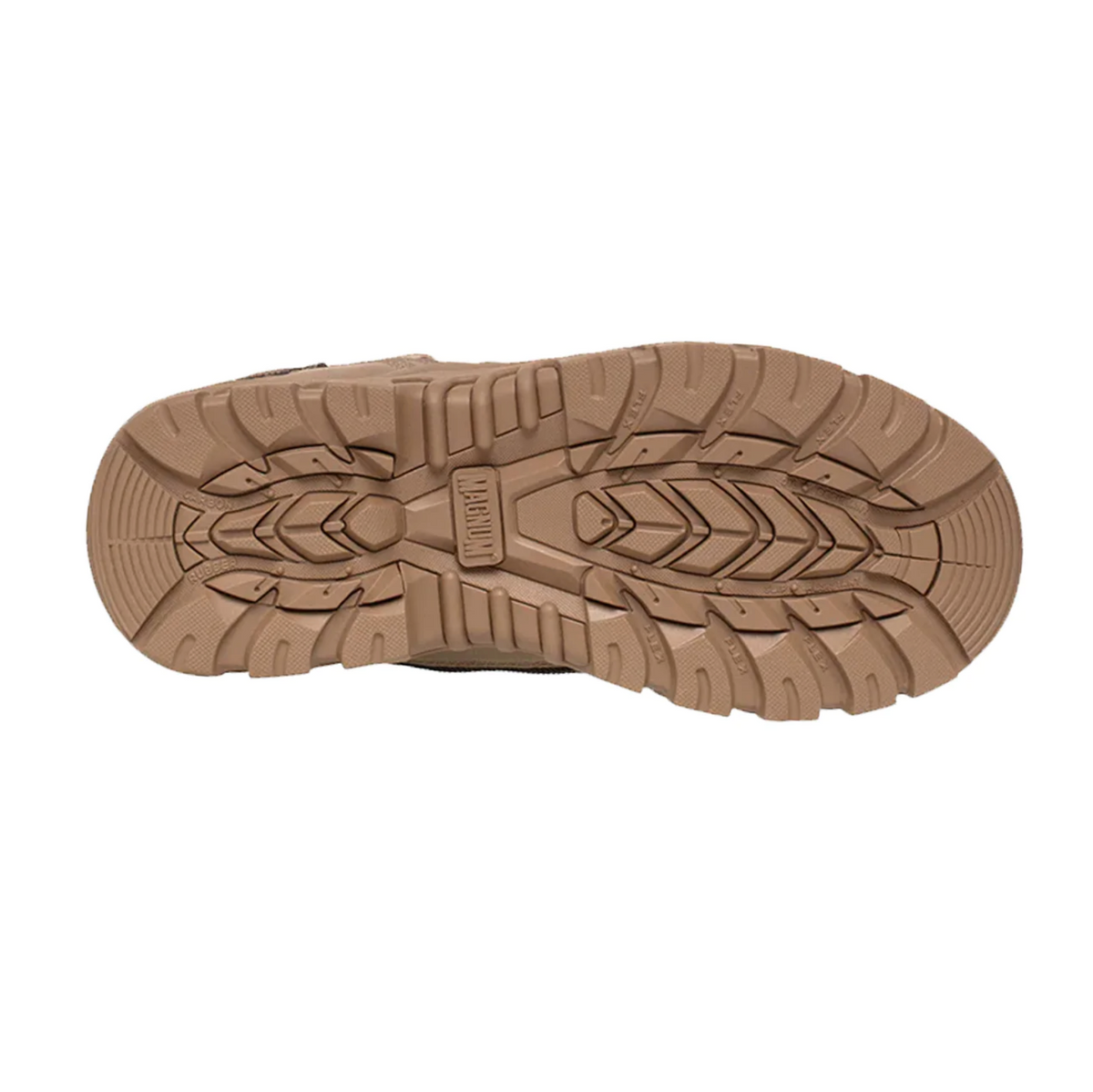 The image displays the sole of a tan, textured Magnum Womens Precision Max Zip Sided Waterproof Safety Boot MPW160 with a rugged tread for traction. "CAT" is embossed, indicating its safety toe feature for enhanced protection.