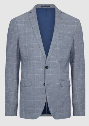 The Connor Sorrento Slim Suit Jacket features a light gray plaid design, slim fit, notched lapel, two-button closure, flap pockets, and blue inner lining, displayed against a plain white background.