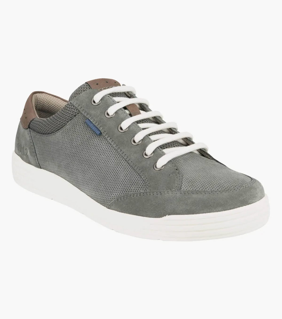 The Florsheim City Walk Lace Sneaker features a grey exterior with white laces and sole, detailed with textured mesh and perforated suede. Brown accents adorn the tongue and heel, and a cushioned footbed provides all-day comfort.