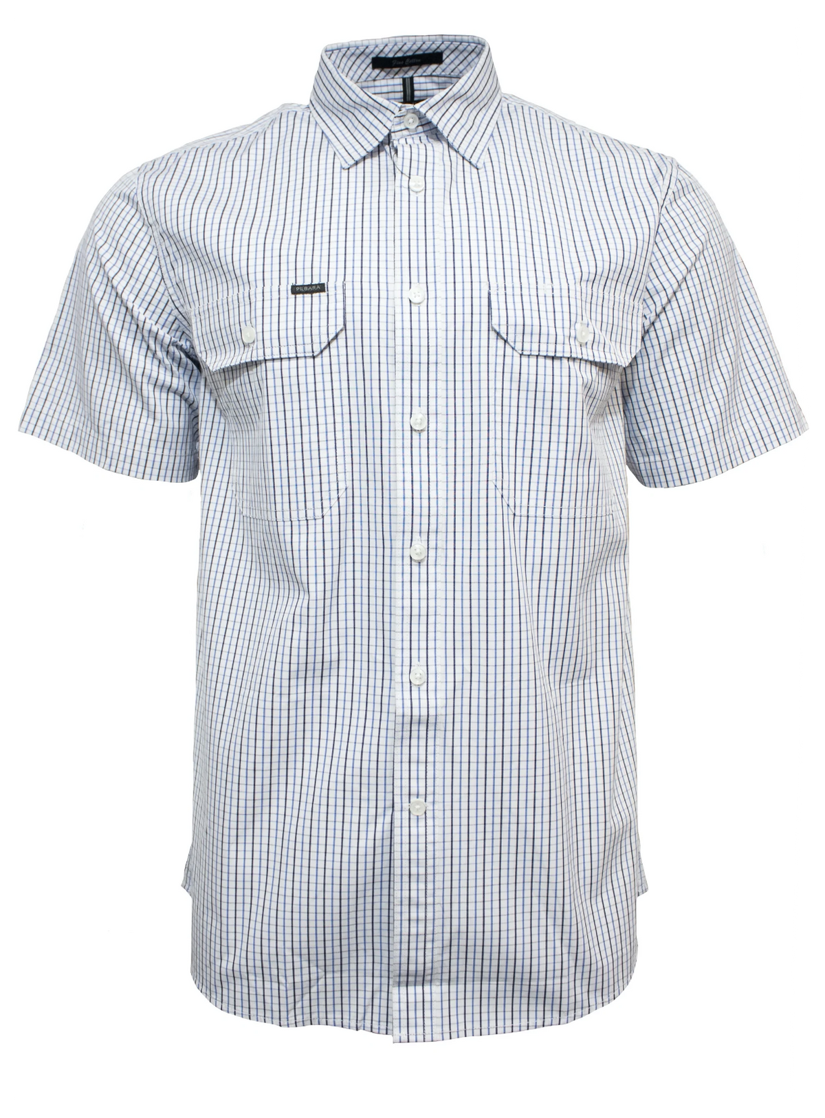 The Pilbara Short Sleeve Check Double Pocket Shirt features a white base with a blue checkered pattern. It includes two chest pockets with button flaps, a small brand tag, and is crafted from cotton for everyday comfort.