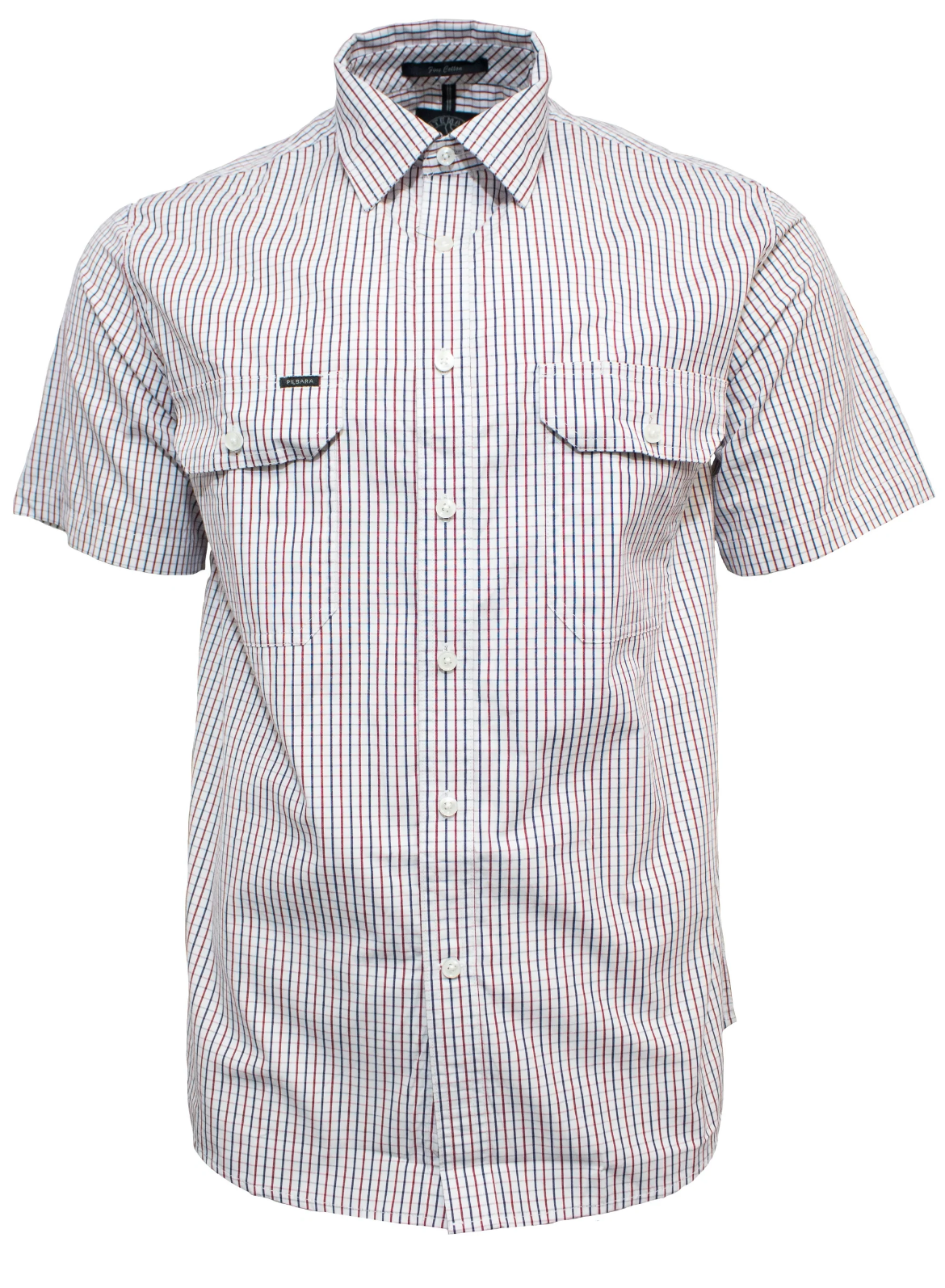 The Pilbara Short Sleeve Check Double Pocket Shirt is a button-up work shirt with vertical red, blue, and black stripes on white. Crafted for comfort with a cotton finish, it includes two chest pockets, ideal for Australian working conditions.
