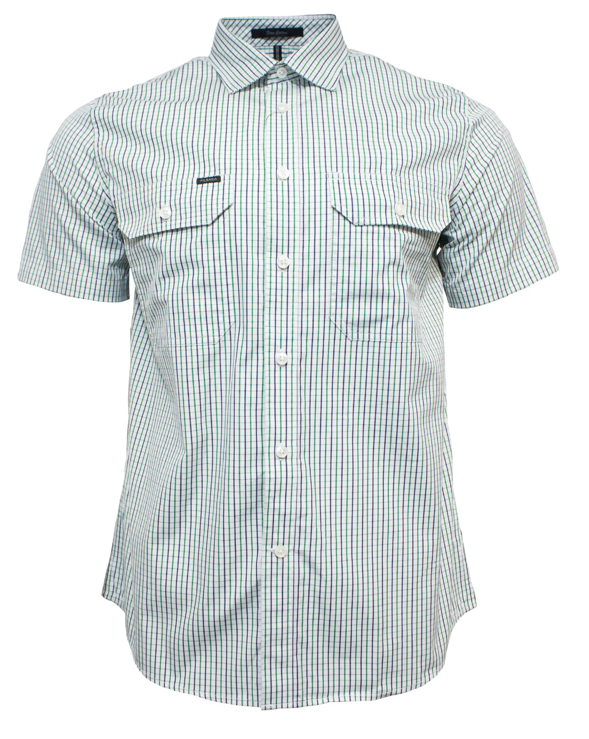The Pilbara Short Sleeve Check Double Pocket Shirt is a green and white striped, short-sleeved work shirt with two chest pockets, flaps, buttons, a classic collar, and a comfortable cotton finish—perfect for Australian working conditions.