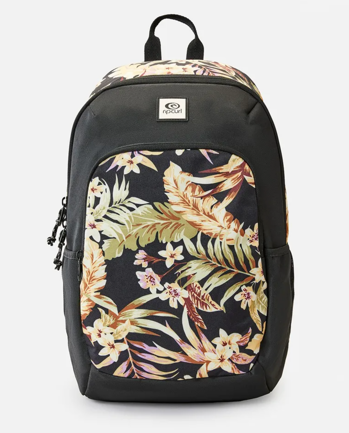 The Rip Curl Ozone 2.0 30L Backpack is black with a yellow, orange, and green tropical floral front pocket, visible top handle and shoulder straps. Fits a 15" laptop and is made from recycled polyester.