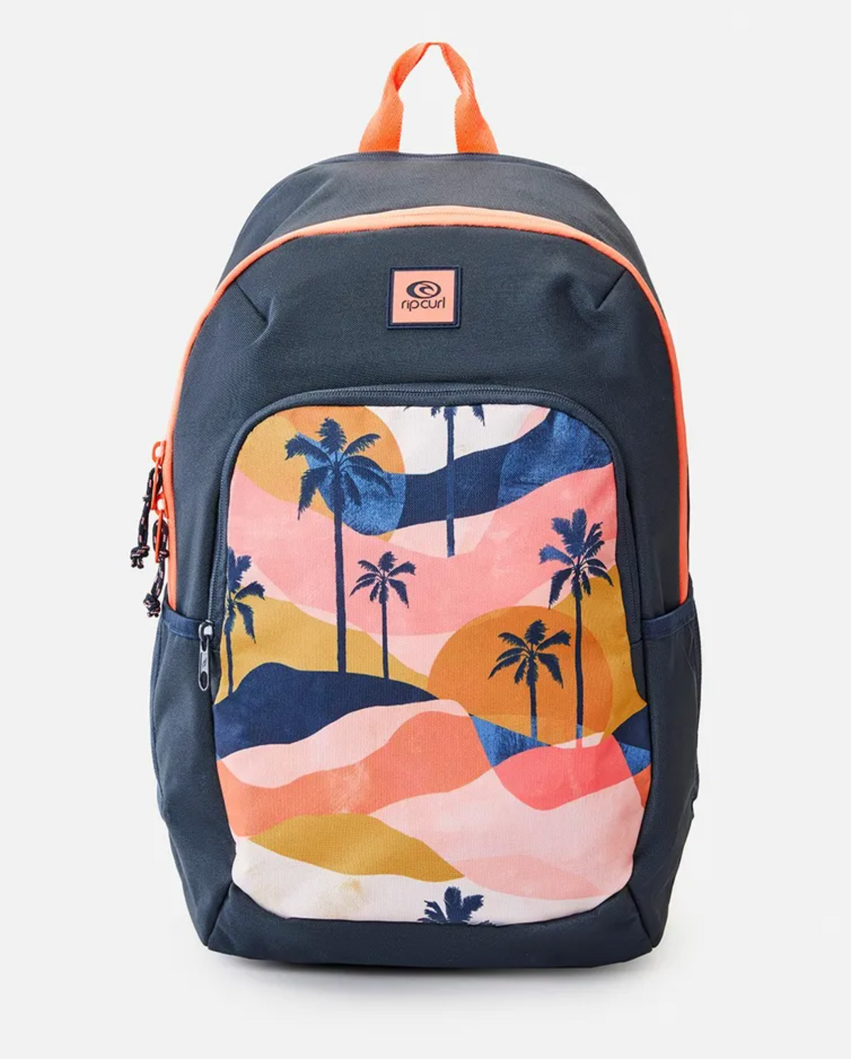 Introducing the Rip Curl Ozone 2.0 30L Backpack in navy blue, featuring a beach scene front pocket with palm trees and sunset hues of orange, pink, and blue. Made from recycled polyester, it includes orange accents, a top handle, and fits a 15" laptop perfectly.