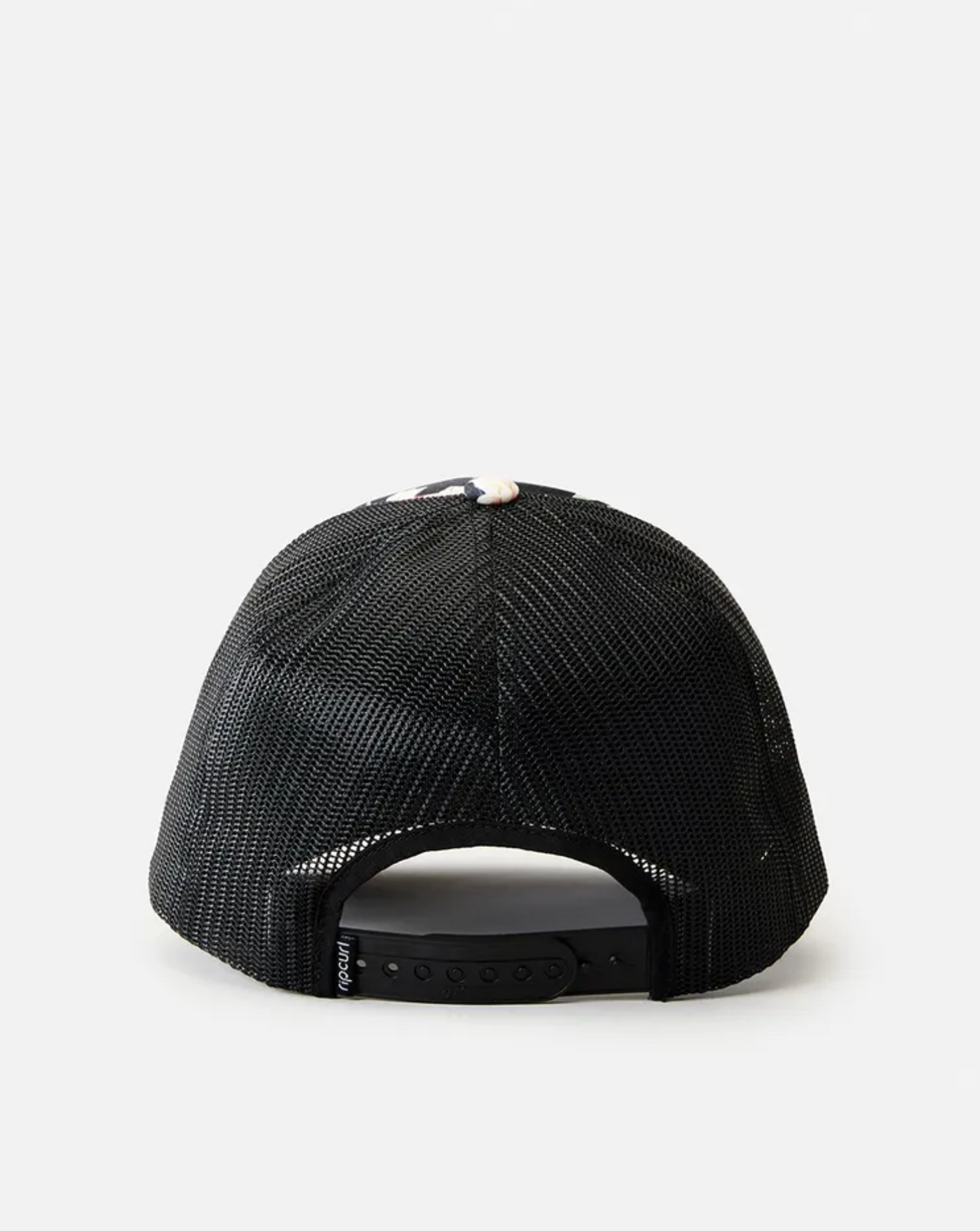 The Rip Curl Sol Seeker Trucker is a black mesh hat with an adjustable snapback, featuring a curved brim and small logo tag on the recycled polyethylene adjustment strap.