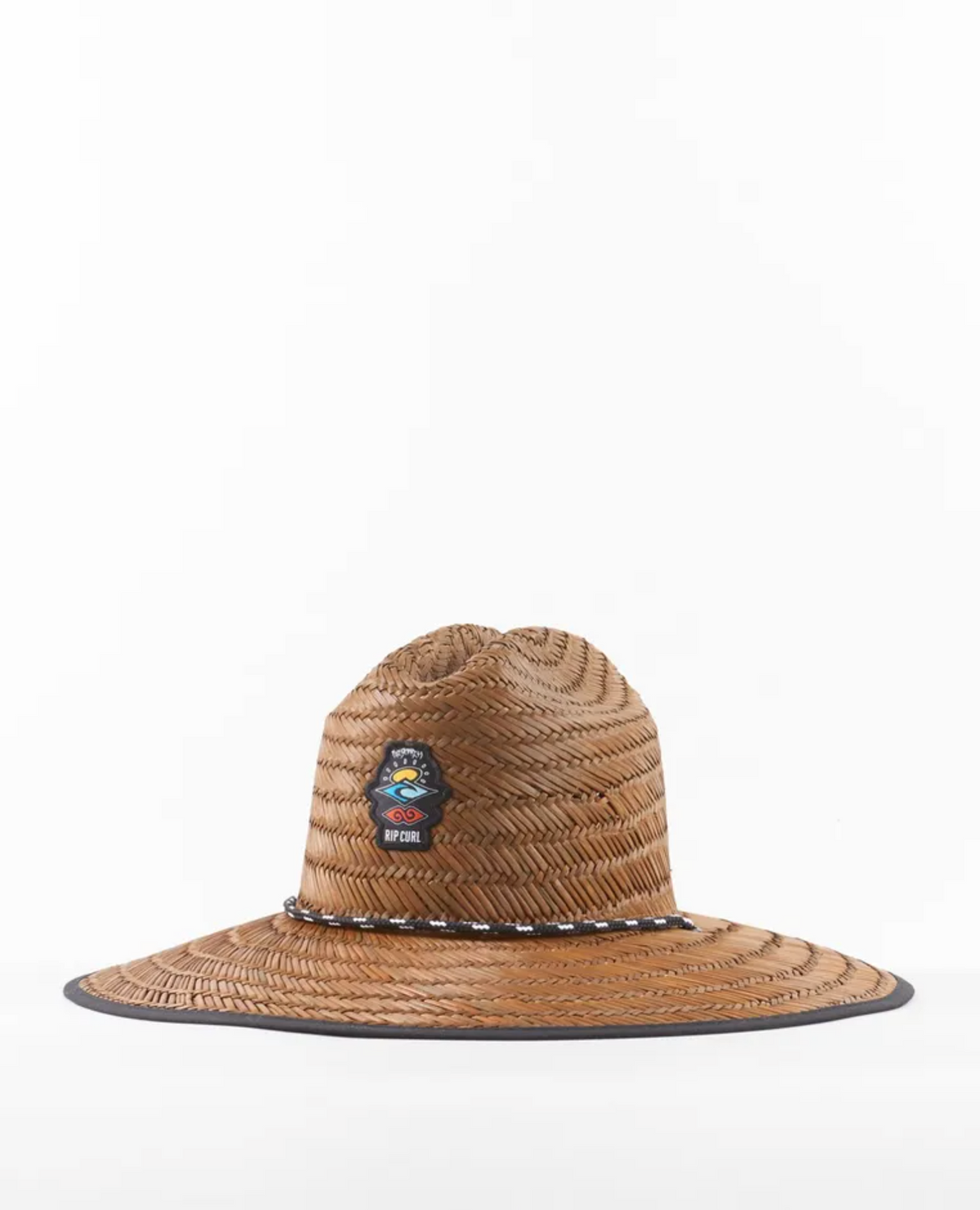 The Rip Curl Icons Straw Hat showcases a wide brim adorned with a bird and mountain design patch. It features a braided band above the brim, dark edge trim, and is set against a plain white background.