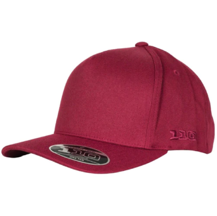 The FlexFit 110 A Frame Cap is a brand-new maroon baseball cap with a 110 Flexfit sticker on its slightly curved brim. It showcases a sleek, logo-free design and includes a snapback strap for adjustable fitting, along with a small button on the center top.