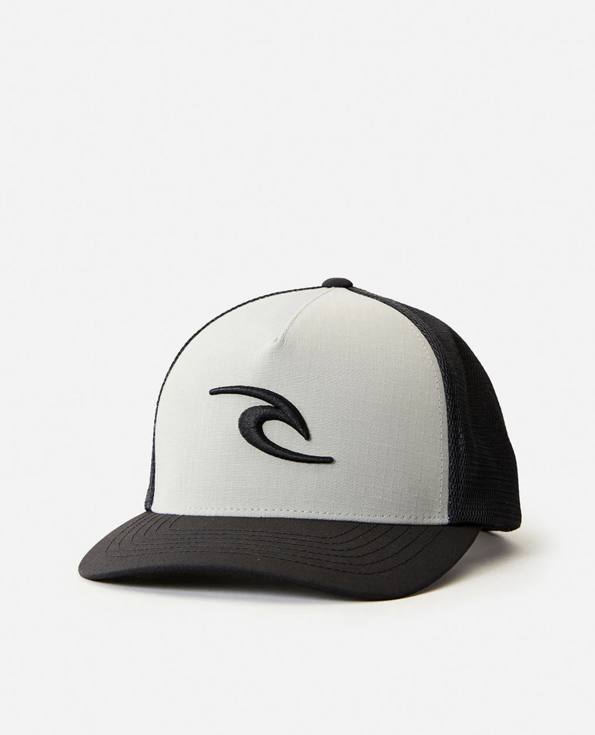 The Rip Curl Tepan Trucker cap boasts a black and gray design with a stylized black wave logo, featuring a black brim and mesh back for a sporty-casual look.