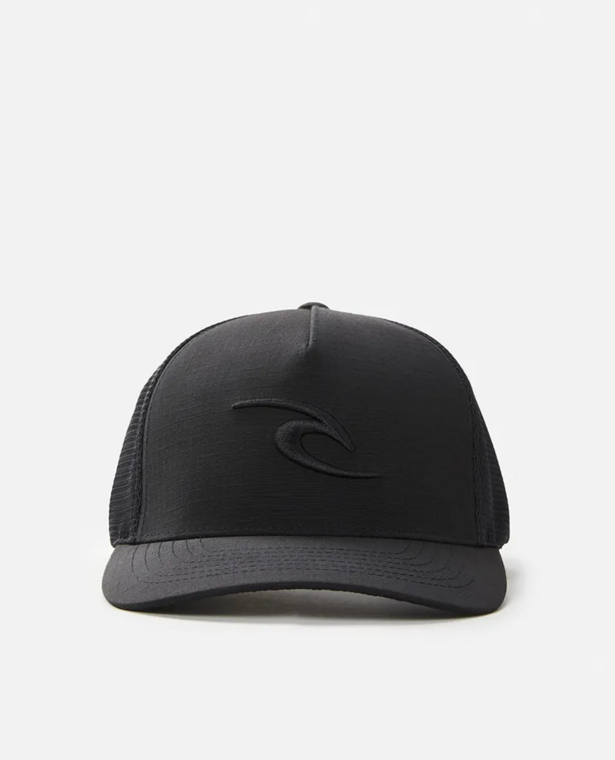 The Rip Curl Tepan Trucker is a black cap featuring a curved brim and mesh back panels. Its front boasts a subtle embroidered wave logo that embodies the laid-back surfer vibe, set against a plain white background.