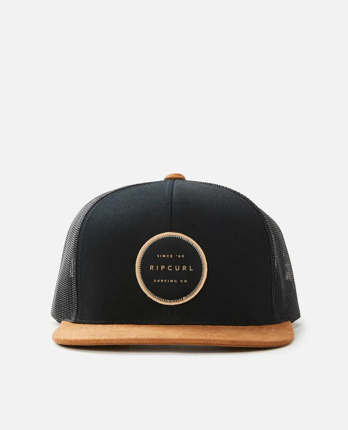 The Rip Curl Routine Trucker cap, in black and brown, features a circular patch reading "Since 1969 Rip Curl Surfing Co." It has a brown brim, mesh back panels, and an adjustable strap for style and comfort.