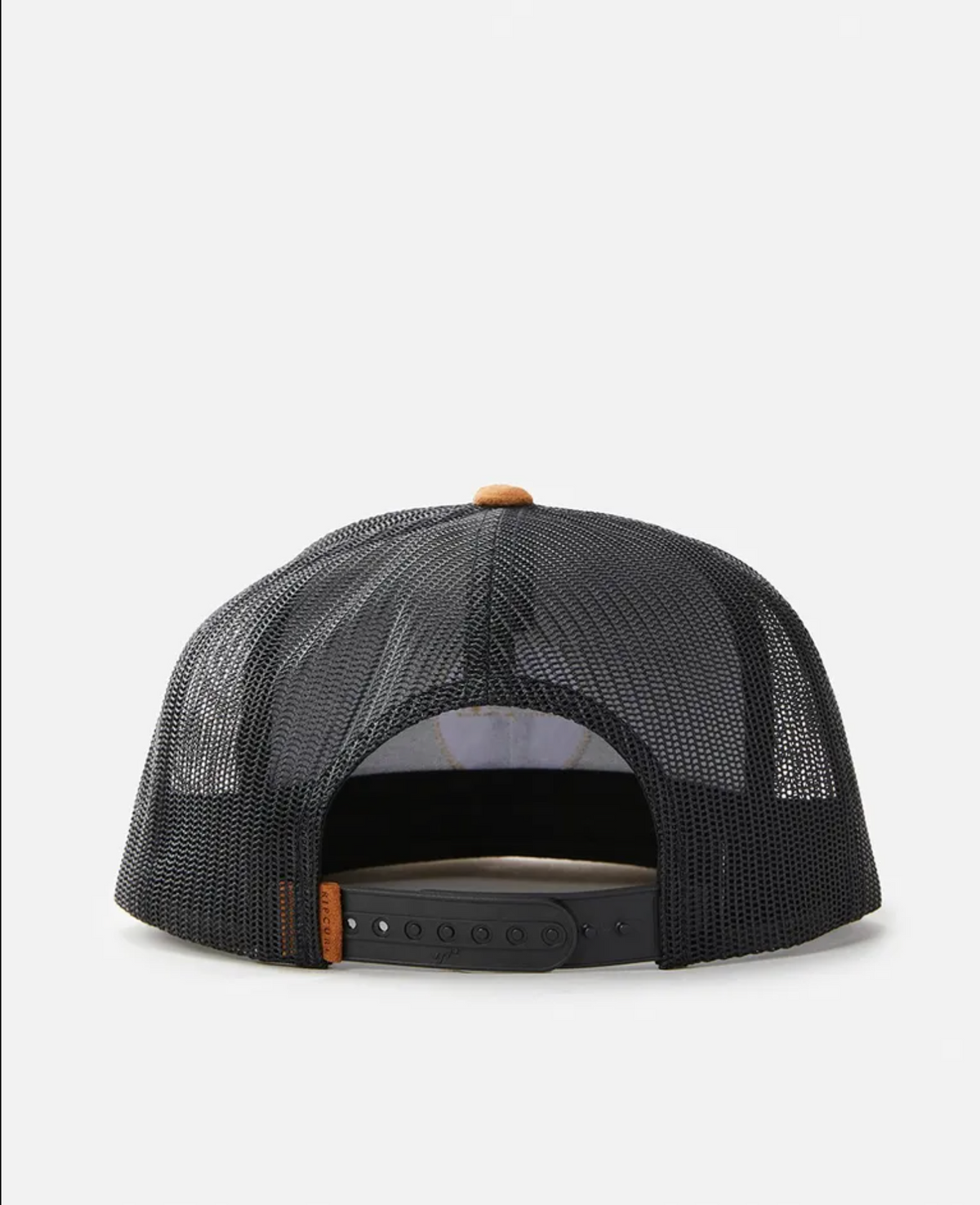 A rear view of the Rip Curl Routine Trucker shows a black mesh cap with a brown button on top, featuring an adjustable snapback closure.