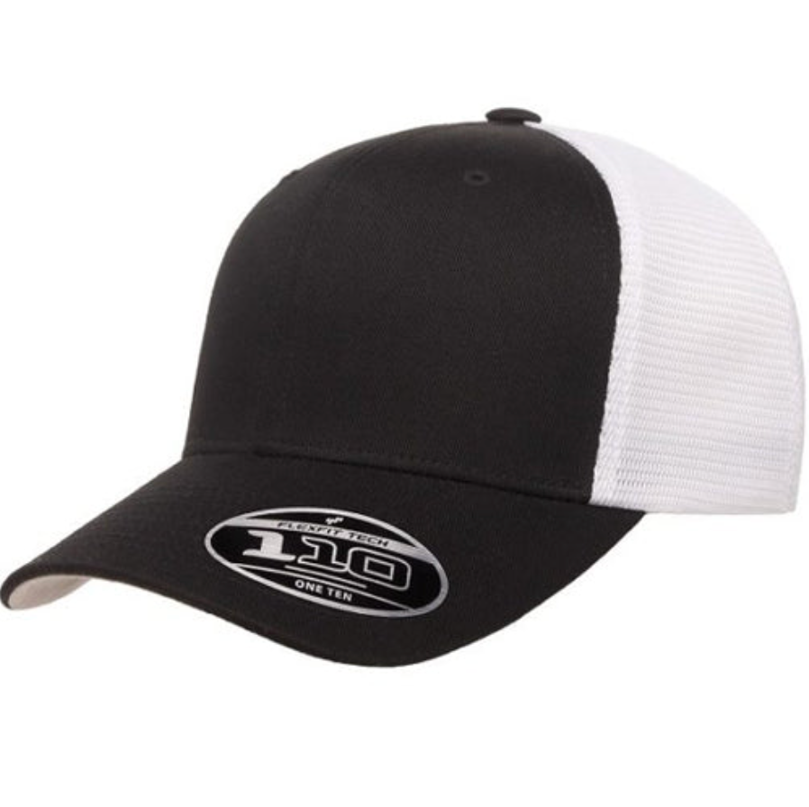 The FlexFit 110 Mesh Back Cap features a black front panel and brim combined with a white mesh back. Thanks to the adjustable strap, it offers a perfect fit. The peak of the cap bears a sticker that reads "110 Flexfit" along with other small text that denotes the brand and style.