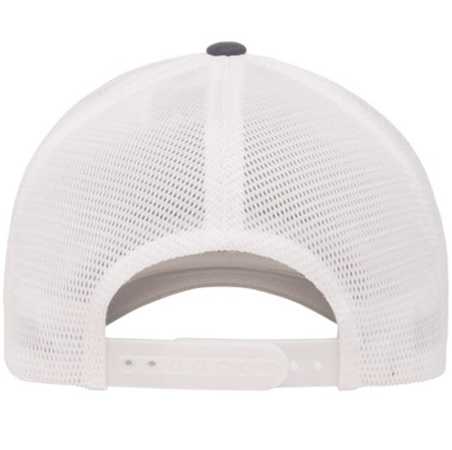 Image of the back of a FlexFit 110 Mesh Back Cap in white, showcasing its mesh design and snapback closure. The cap features a rounded top and an adjustable plastic strap with multiple fastening holes.