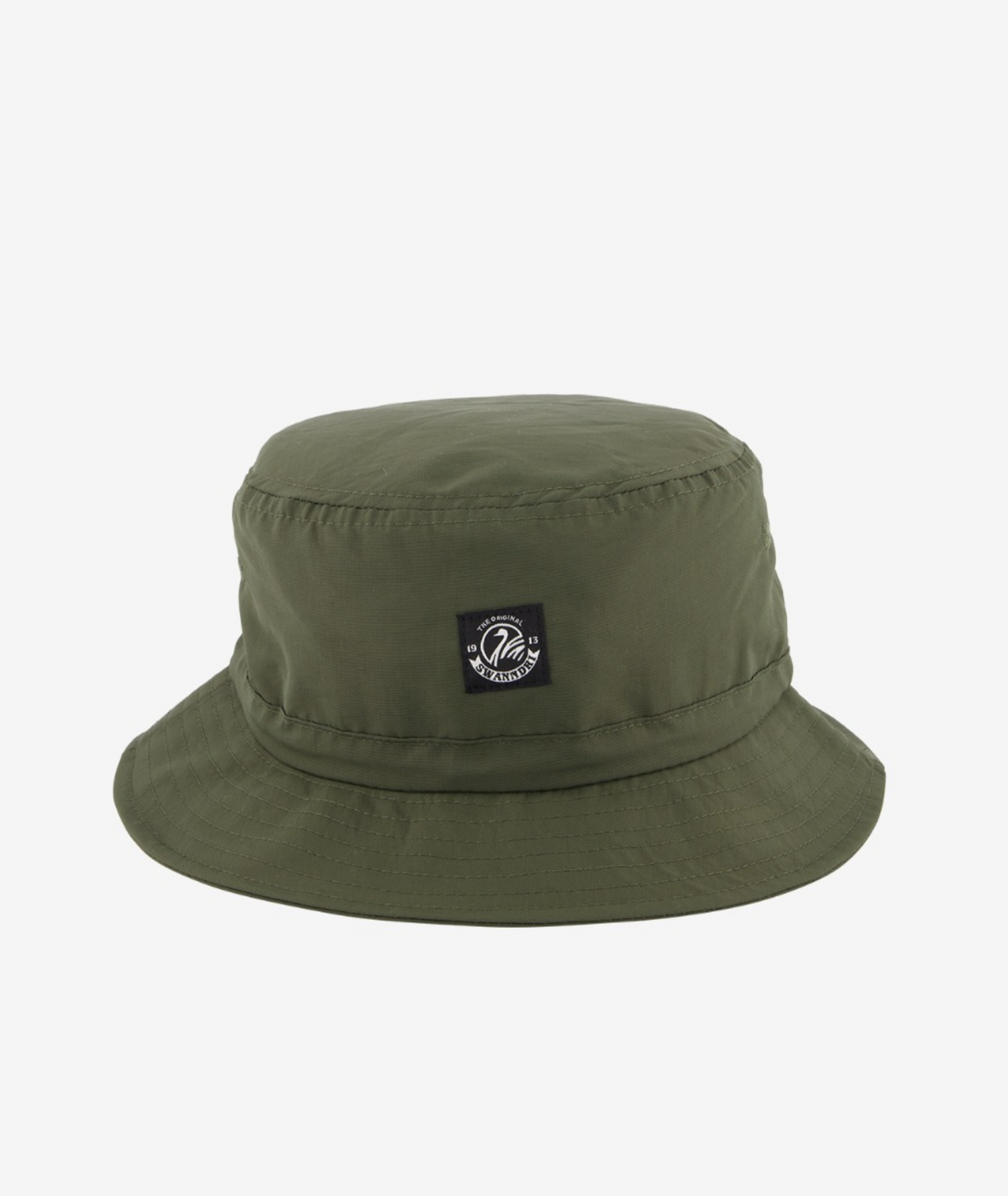 The Swanndri Murrays Bay v2 Hat is a green bucket hat with a black patch featuring a white logo on the front, displayed on a white background. Its DWR coating offers style and weather resistance.