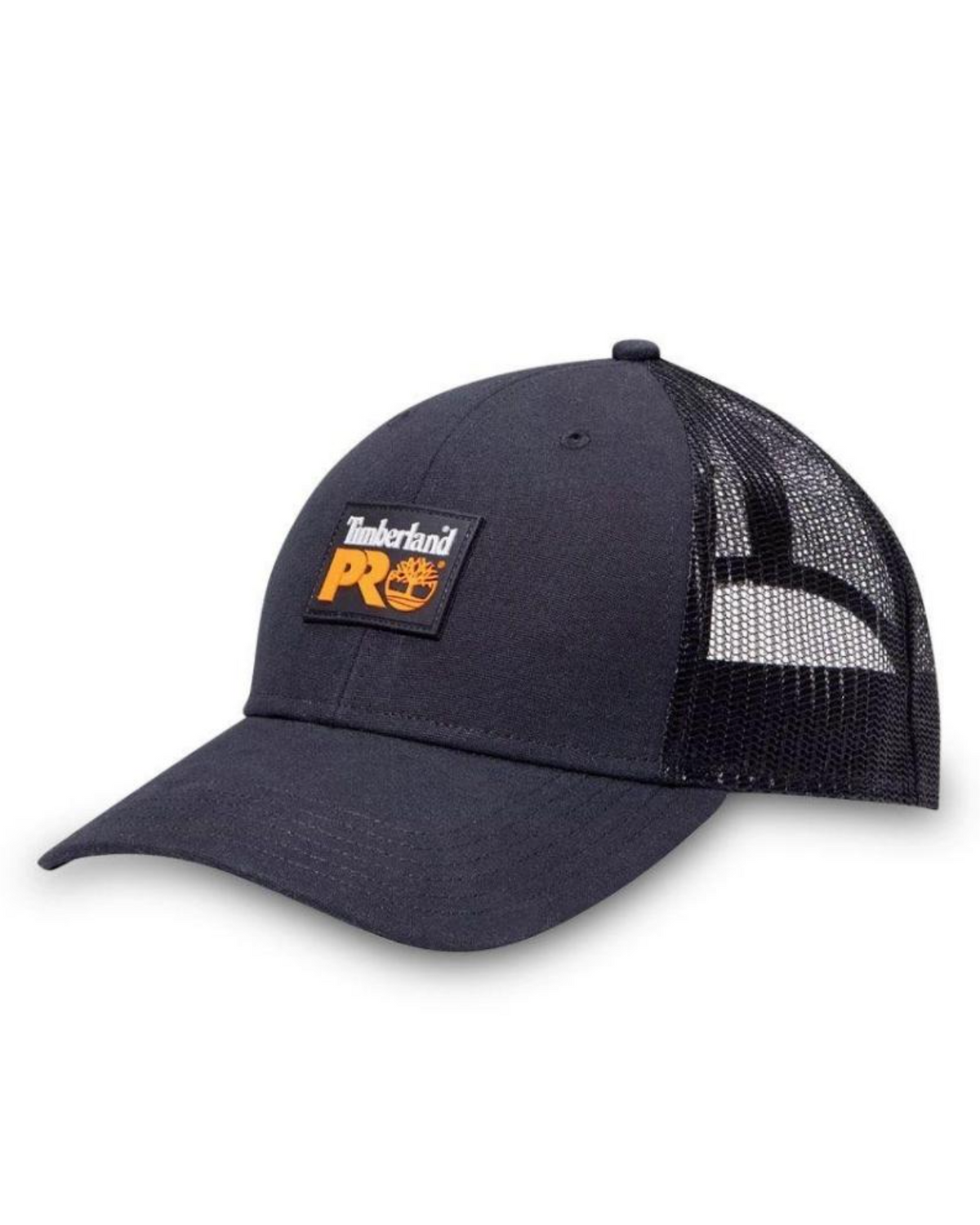 The Timberland Pro Gritman Trucker features a black solid front, mesh back, an orange and black logo patch, a curved brim, and an adjustable snapback for any adventure.