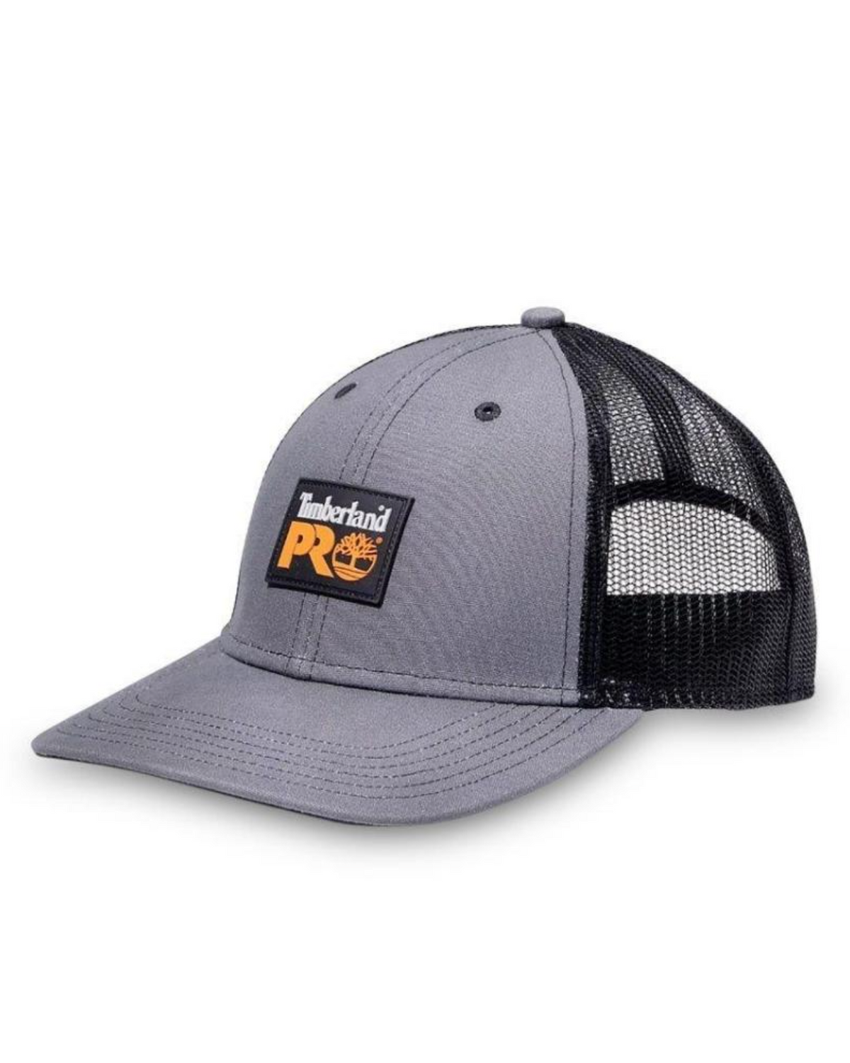 The Timberland Pro Gritman Trucker is a gray and black snapback cap with a mesh back and a front patch displaying the Timberland PRO logo in orange and white.